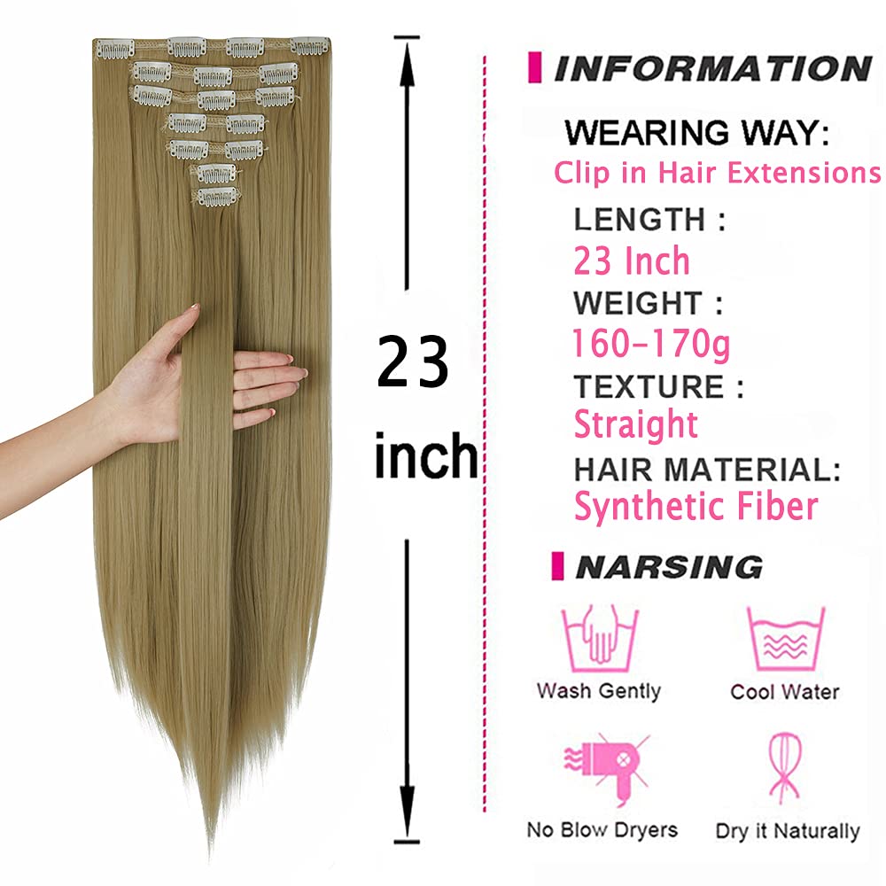 7PCS 16 Clips Long Straight Synthetic Hair Extensions for Women - Thick Full Head Double Weft Hairpieces in Ash Blonde | Perfect for Daily Styling, Parties & Special Occasions