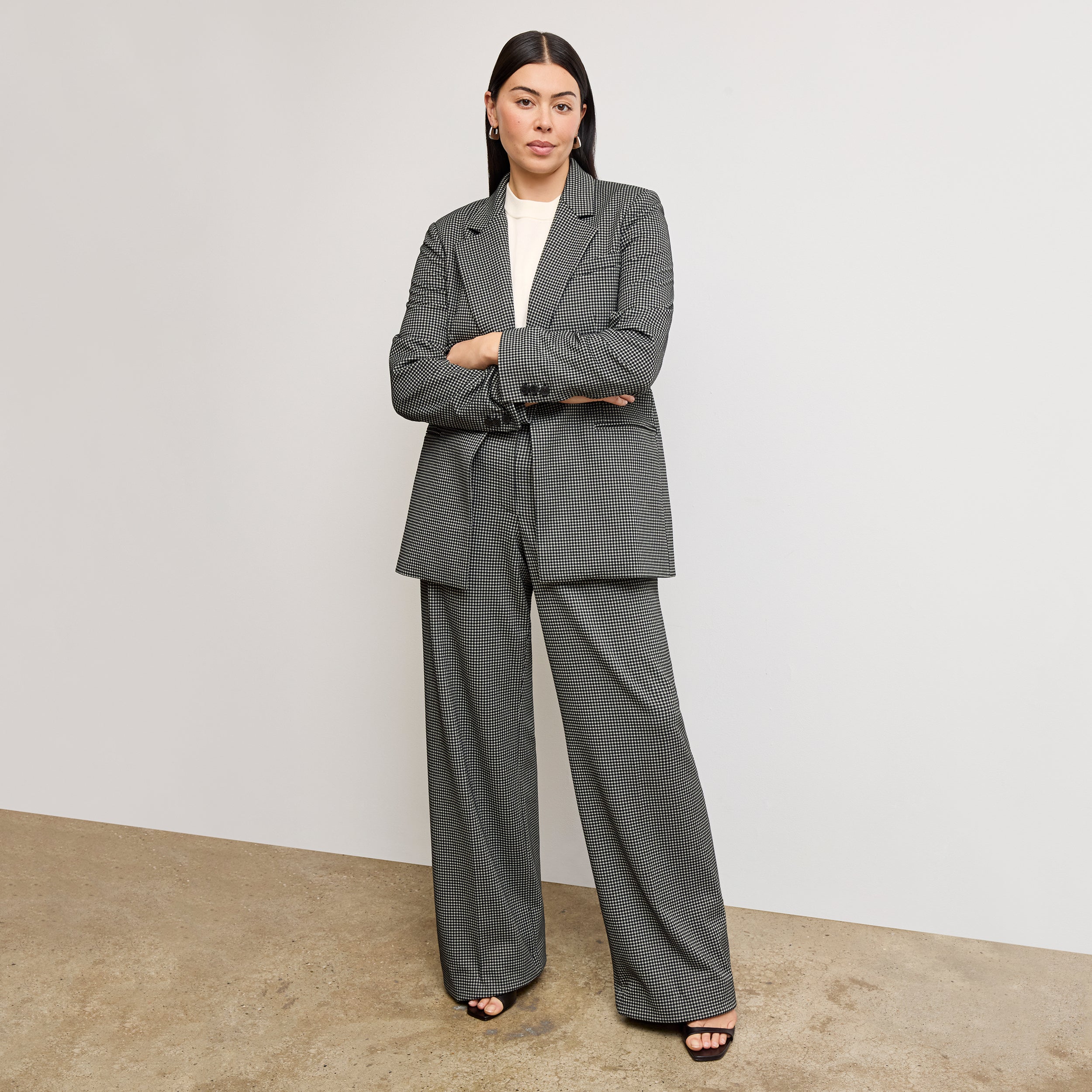 Tinsley Wide Leg Pants for Women - Soft Knit Suiting Fabric with Classic Check Pattern | Office Wear & Casual Outfits
