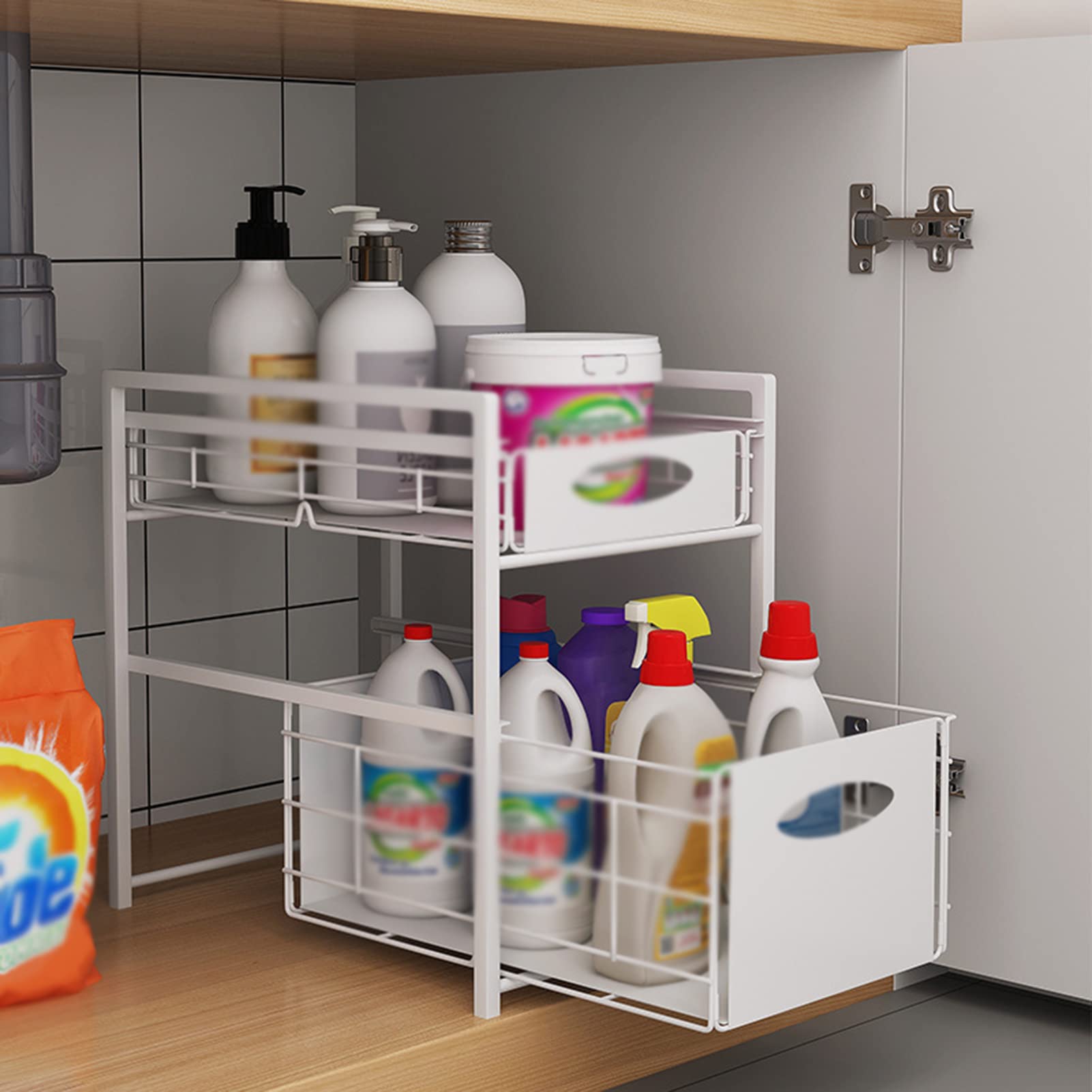 2-Tier Stackable Under Sink Organizer with Sliding Baskets - White Small | Pull-Out Cabinet Storage with Handles & Dividers | Perfect for Kitchen, Bathroom & Pantry Organization