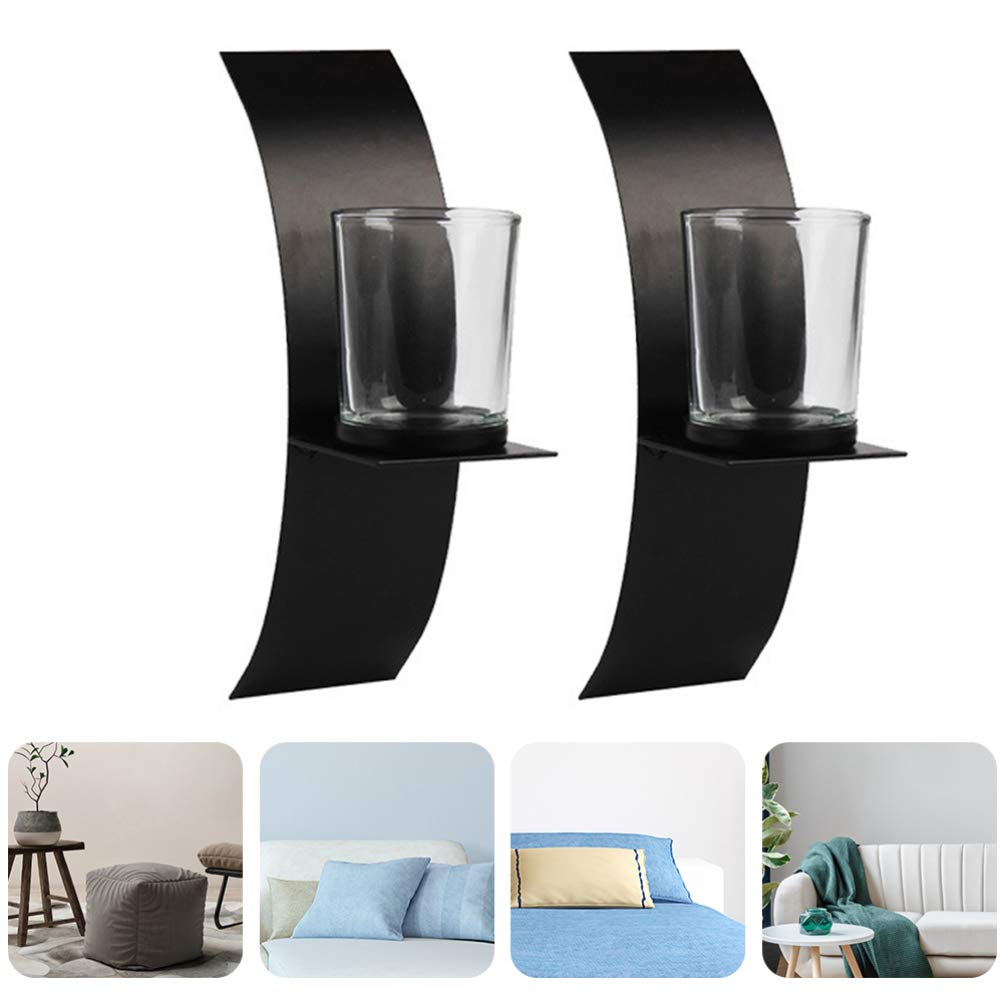 VOSAREA 2 Pack Black Metal Wall Mounted Candle Holder with Arc Glass Tray - Rustic Home Decor Shelf Bracket for Living Room, Bedroom, and Dining Room - Perfect for Tea Lights, Pillar Candles, and Decorative Display