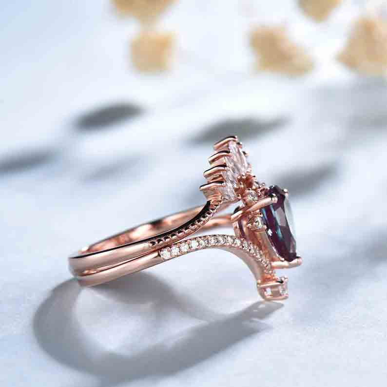 1.2 Carat Pear Shaped Alexandrite Engagement Ring & Wedding Band Set in Rose Gold - Vintage Style Bridal Jewelry for Wedding, Anniversary & Special Occasions