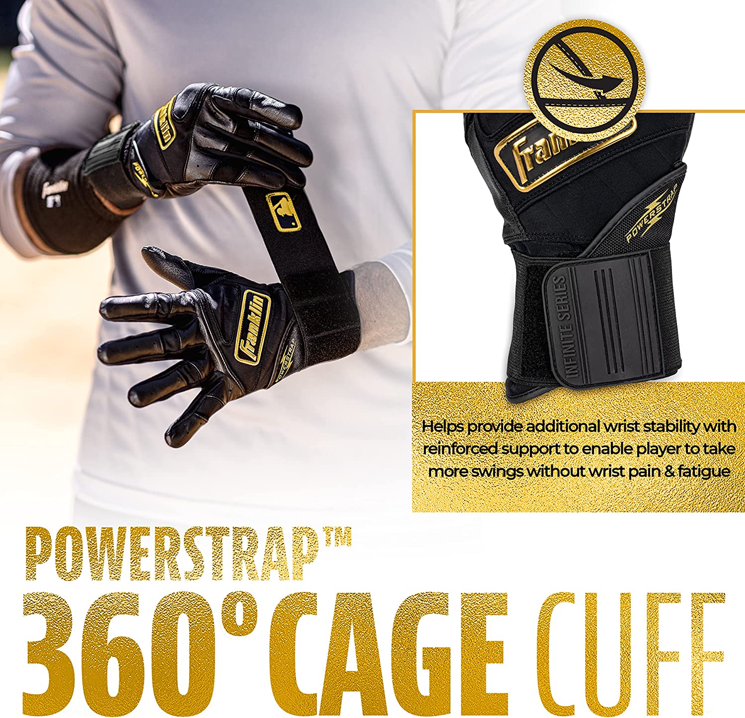 Franklin Powerstrap Infinite Series Adult Batting Gloves - Baseball & Softball Training Gloves for Hitting, Fielding & Practice - Durable & Comfortable Grip for Men & Women