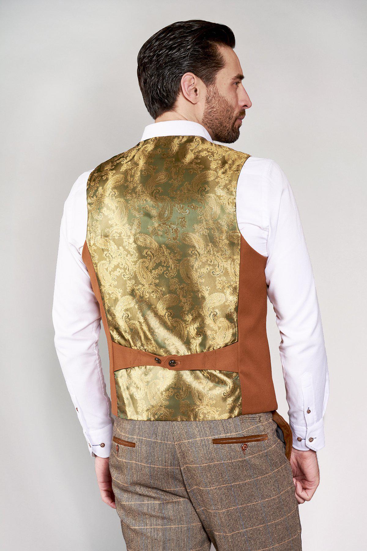 KELLY Dark Tan Single Breasted Waistcoat for Men - Slim Fit Formal Vest for Suits, Weddings & Business Attire - Premium Wool Blend Waistcoat for Office, Cocktail Parties & Special Occasions