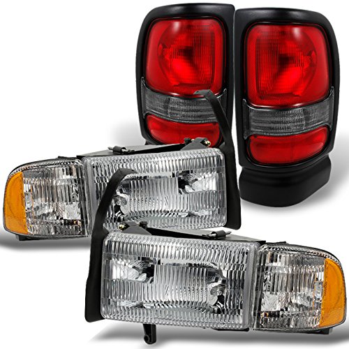 AKKON Replacement Headlights & Tail Lights Combo for 1994-2002 Dodge Ram - Clear & Red Lens Pair Set | Perfect for Off-Roading, Night Driving & Truck Customization