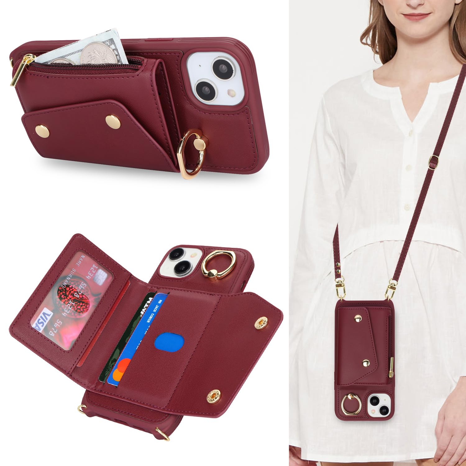 iPhone 15 Wallet Case with Card Holder & Crossbody Strap - 6.1