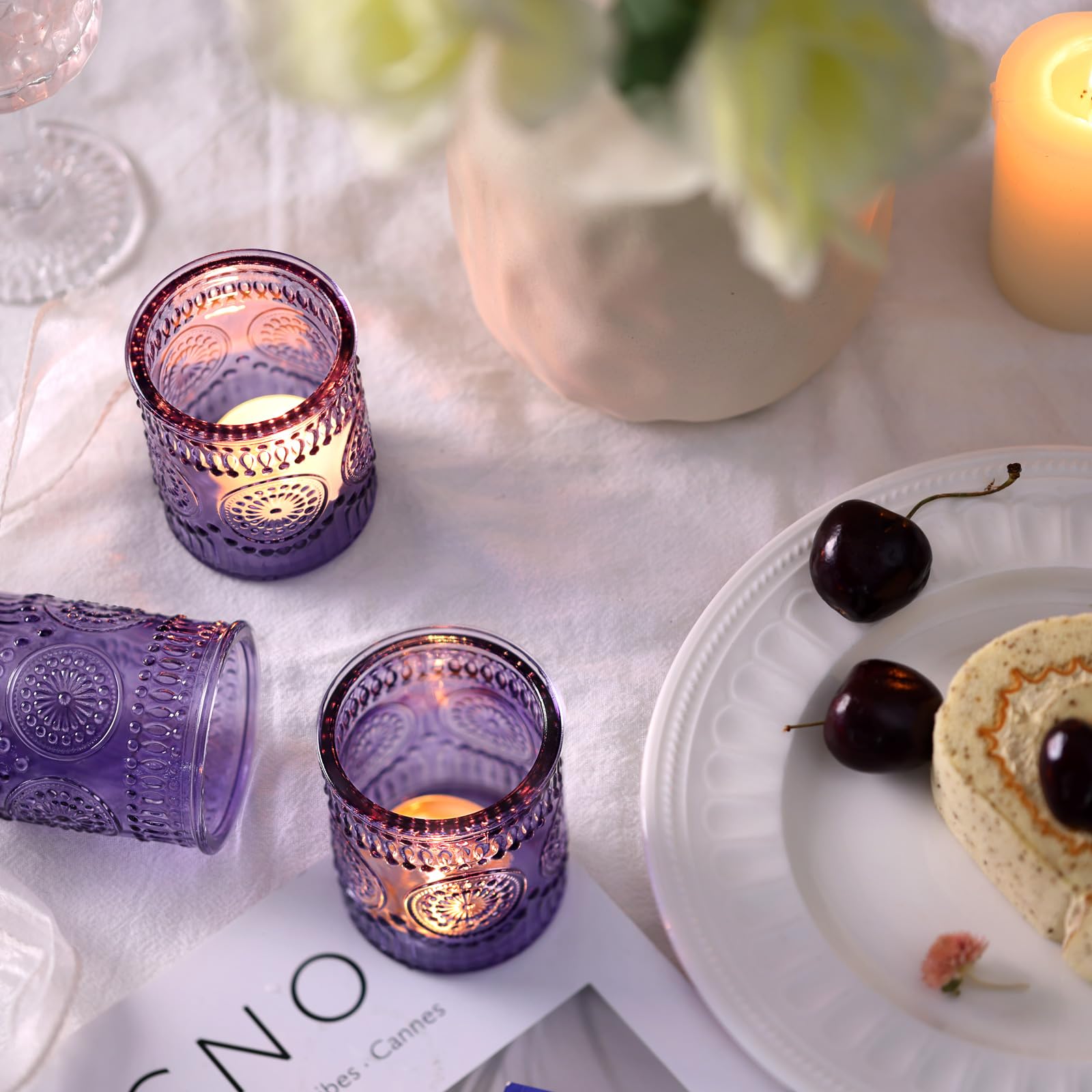 24-Piece Purple Glass Votive Candle Holders Set - Elegant Tea Light Candle Holders for Wedding, Baby Shower & Boho Party Decorations - Perfect Table Centerpieces & Unique Purple Gifts for Women - Ideal for Romantic Dinners, Spa Nights and Home Decor