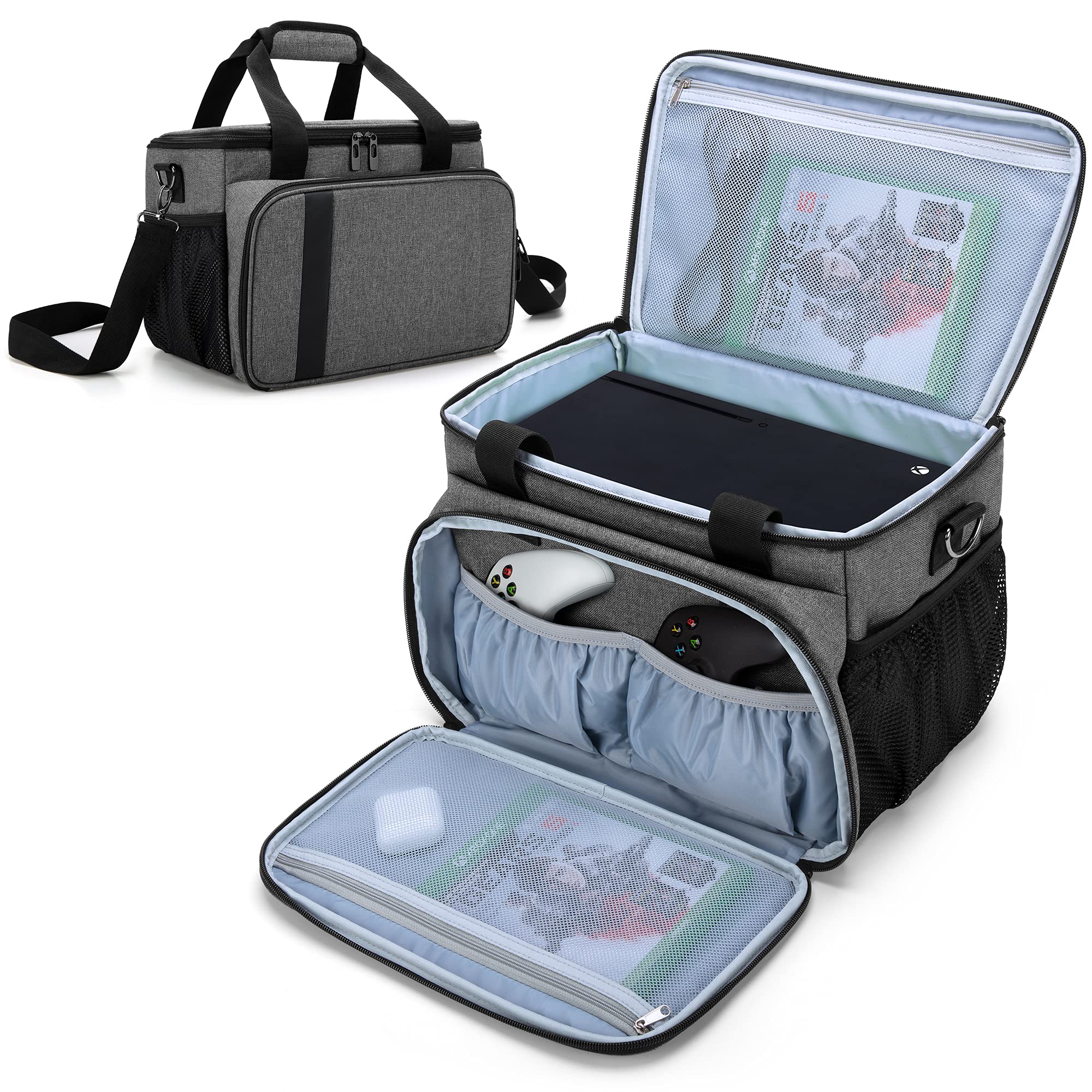 CURMIO Portable Gaming Carry Bag for Xbox Series X Console & Accessories - Shoulder Strap Compatible with Controllers, Cables, Headphones - Gray (Perfect for Travel, Storage & Gaming On-The-Go)