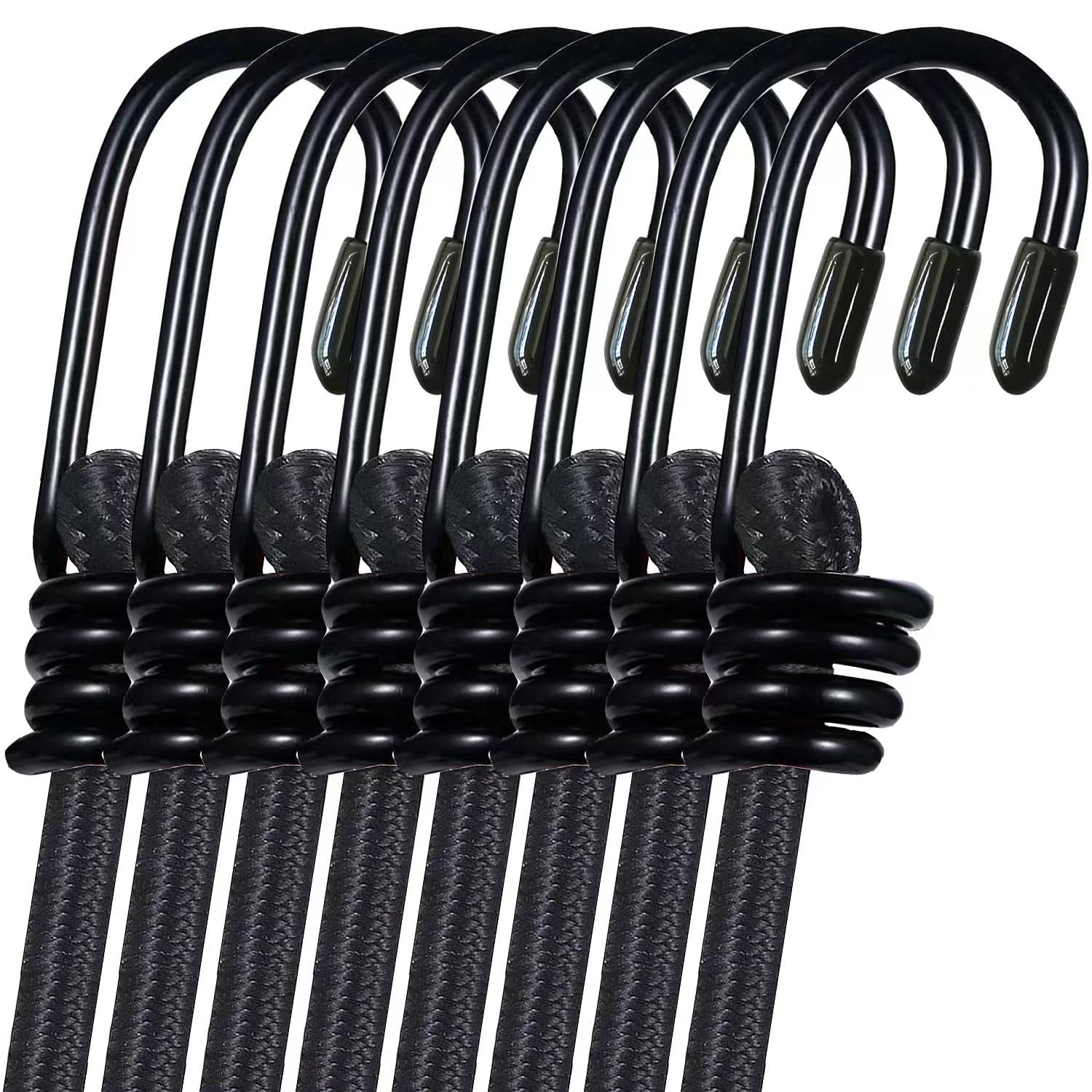 iCOMO 8 Pack Heavy Duty Bungee Cords with Metal Hooks - 32 Inch Elastic Tie Down Straps for Outdoor, Camping, Truck, RV, and Storage Use - Black (Durable & Secure Fastening Solution)