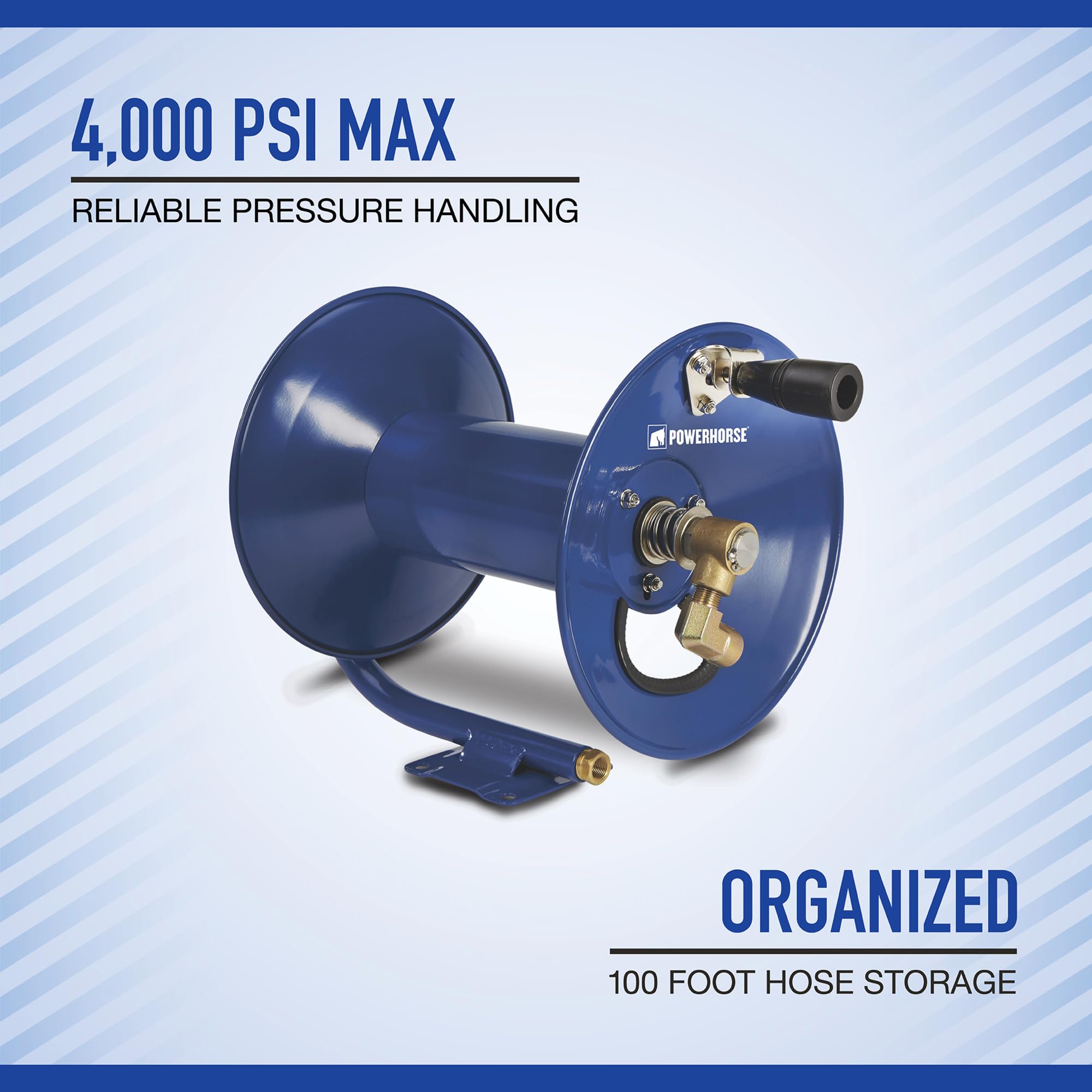 Powerhorse 4000 PSI Pressure Washer Hose Reel with 100ft Capacity - Heavy Duty Retractable Hose Storage for Car Washing, Deck Cleaning & Outdoor Home Maintenance