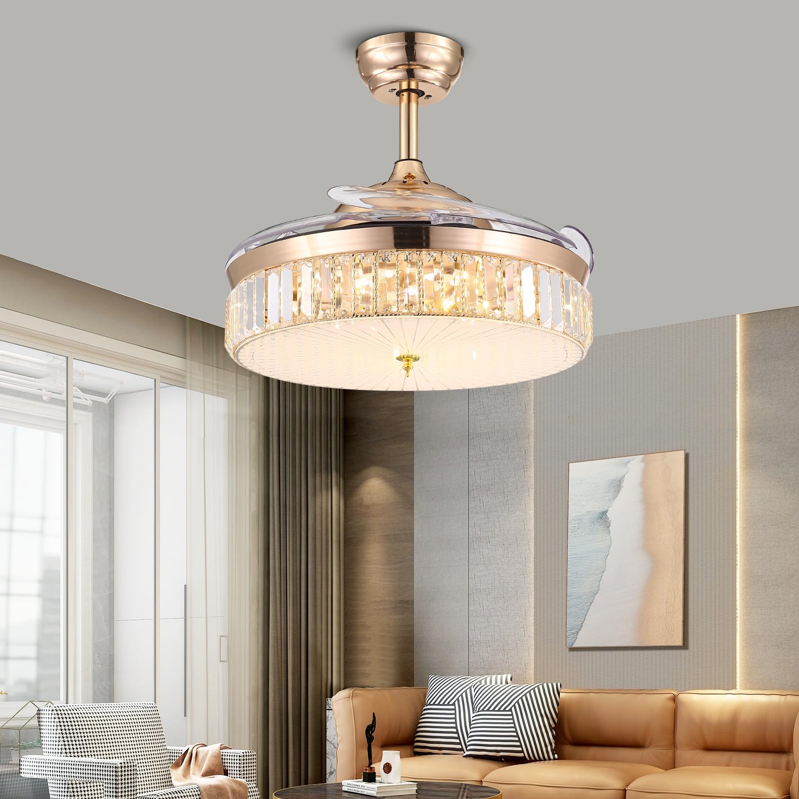 CROSSIO 42 Inch Crystal Ceiling Fan with Dimmable LED Lights - Remote Control Retractable Gold Chandelier Fan for Bedroom, Living Room & Dining Room | Modern Home Decor, Energy Efficient Cooling & Ambient Lighting Solution
