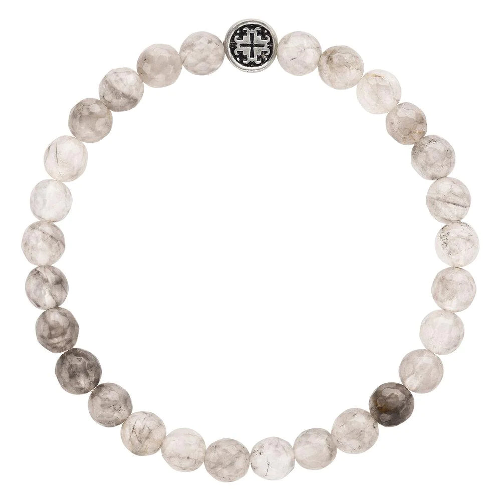 Mala + Mantra Silver Grey Quartz Bracelet - Healing Crystal Jewelry for Meditation, Yoga & Spiritual Wellness