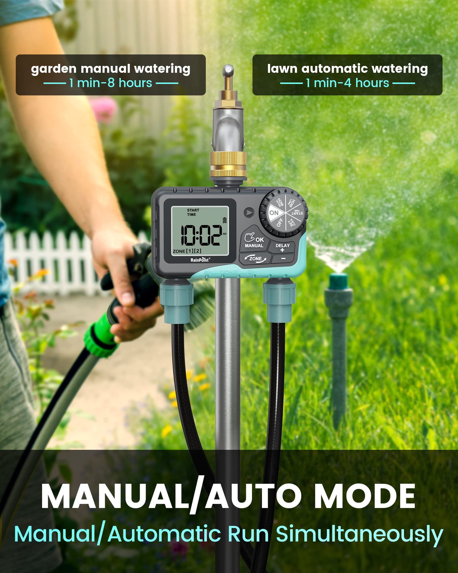 RAINPOINT Smart Sprinkler Timer 2 Outlet - Automatic Water Timer for Garden Hose & Drip Irrigation System, Outdoor Yard Watering Controller with Rain Delay & Manual Modes (Brass Inlet V2) - Perfect for Lawn, Flower Beds & Vegetable Gardens