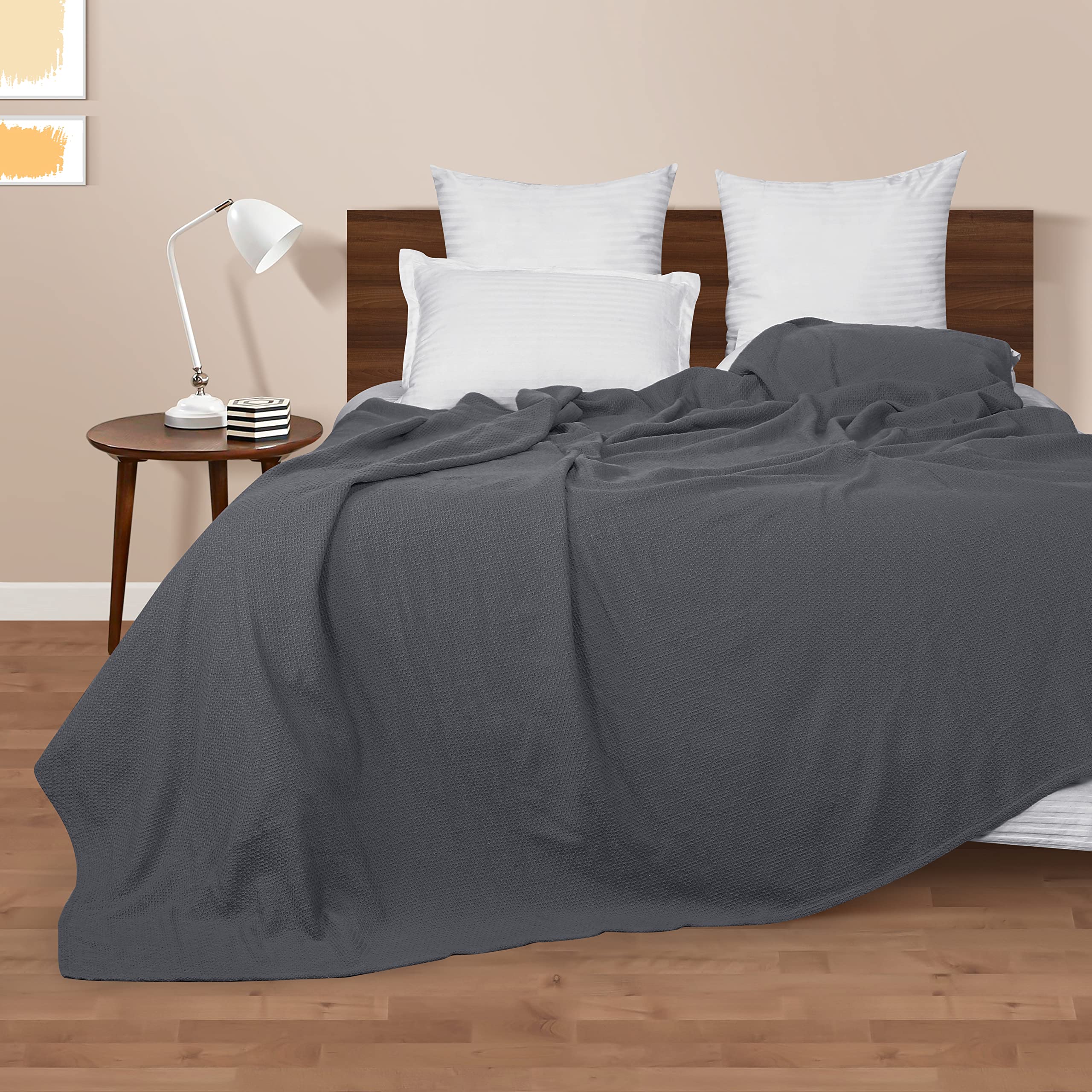 BOUTIQUO 100% Cotton Waffle Weave Blanket - Queen Size 90x90 Inch Breathable Thermal Bed Blanket, Soft Honeycomb Weave, Grey - Perfect for All Seasons, Layering, Bedroom, Sofa & Guest Room Comfort