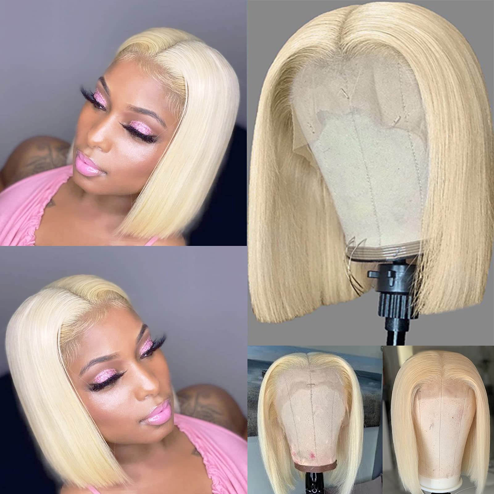 613 Blonde Bob Wigs for Black Women | T-Part & Middle Part Lace Front Human Hair Wigs | Pre-Plucked with Baby Hair | Straight Brazilian Human Hair | Bleach Knots 180% Density | Perfect for Daily Wear, Parties & Cosplay