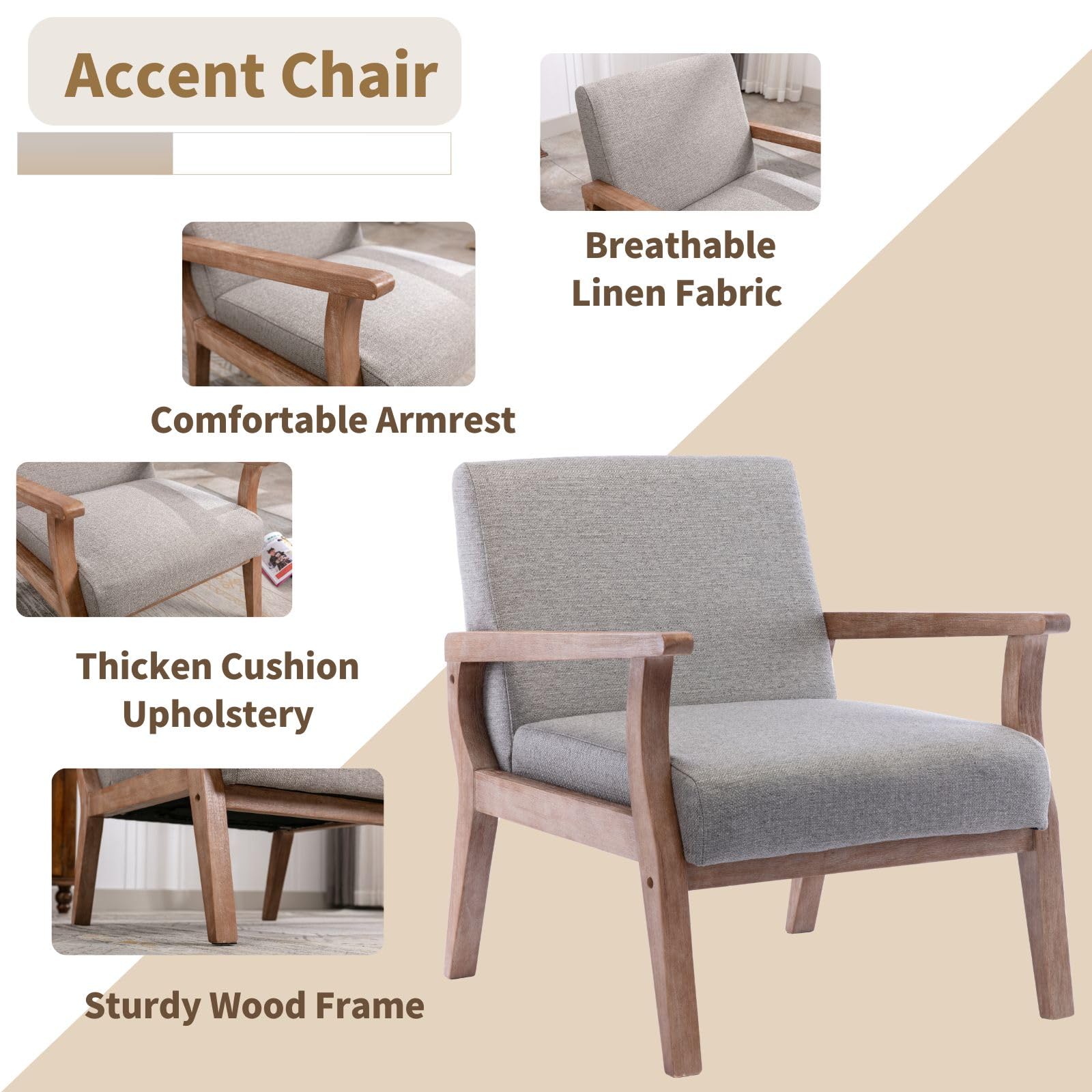 Mid Century Modern Accent Chairs Set of 2 - Solid Wood Frame & Linen Upholstery - Grey Living Room Armchairs for Home, Bedroom & Office - Perfect for Lounge, Reading Nook & Guest Seating