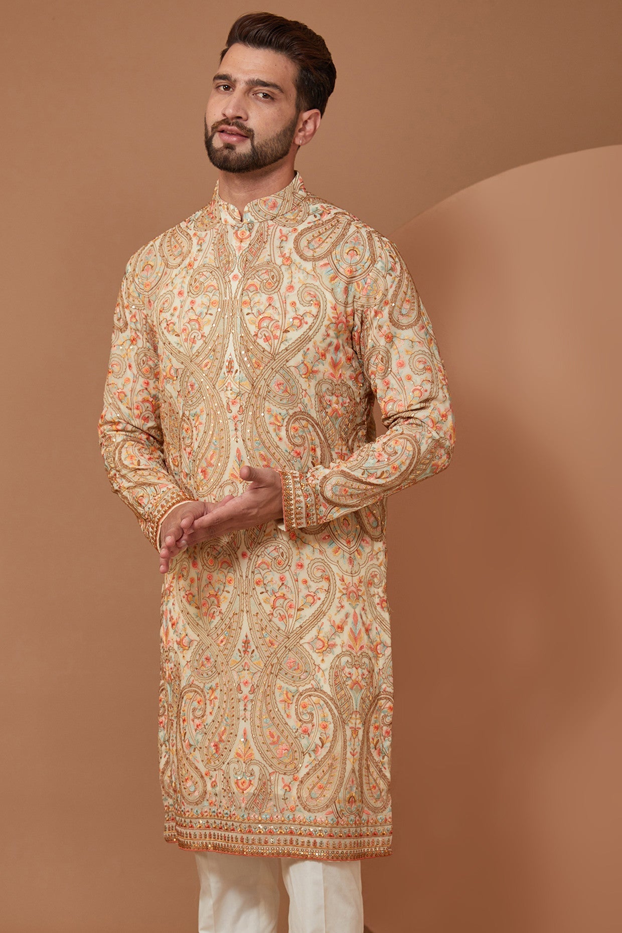 Ivory Cream Kashmiri Jamawar Embroidered Kurta for Women - Traditional Indian Ethnic Dress for Festivals & Weddings