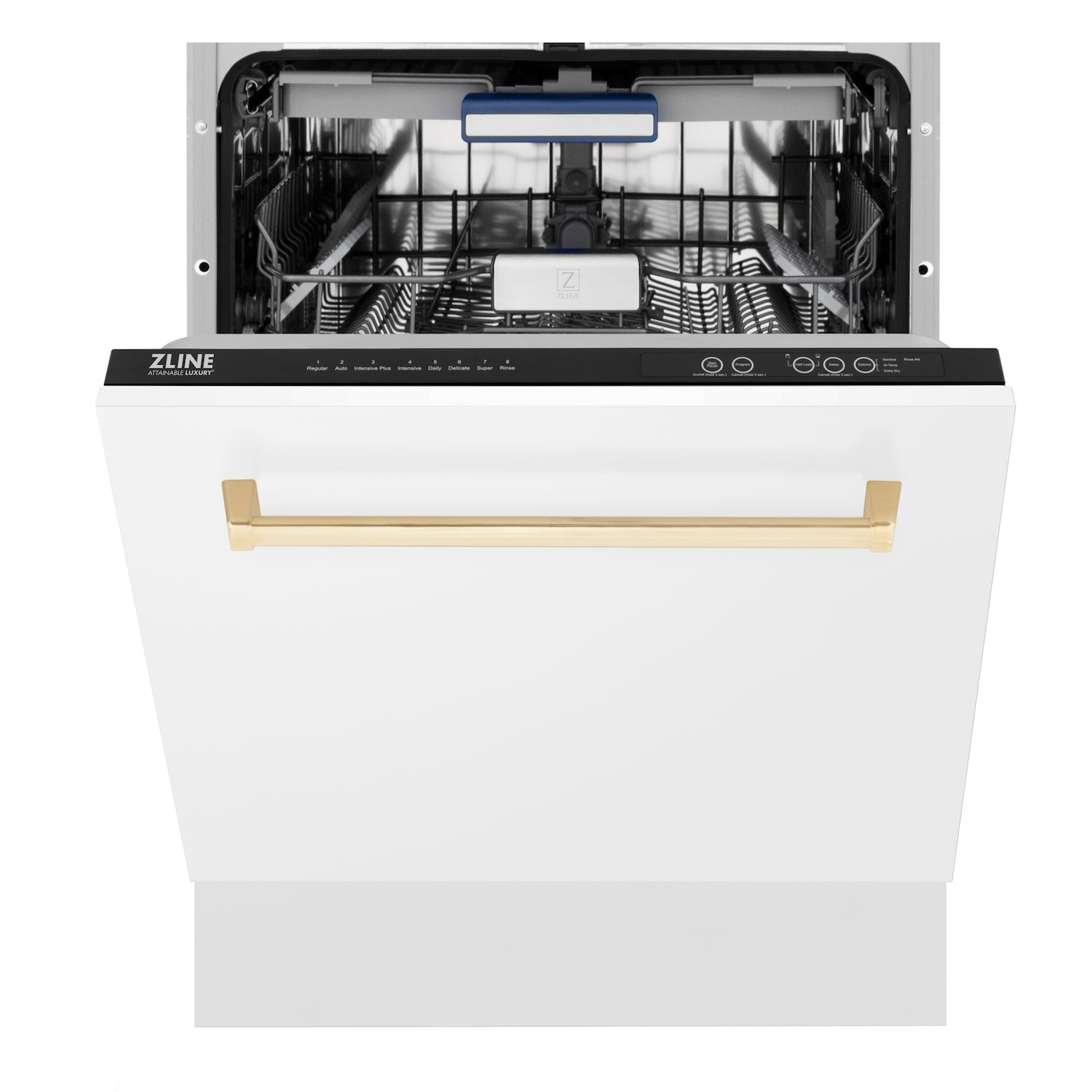 ZLINE Autograph Edition 24-inch 3rd Rack Top Control Tall Tub Dishwasher in White Matte with Polished Gold Handle - Ultra Quiet 51dBa (DWVZ WM 24 G) - Perfect for Modern Kitchens, Small Spaces & Open-Concept Homes