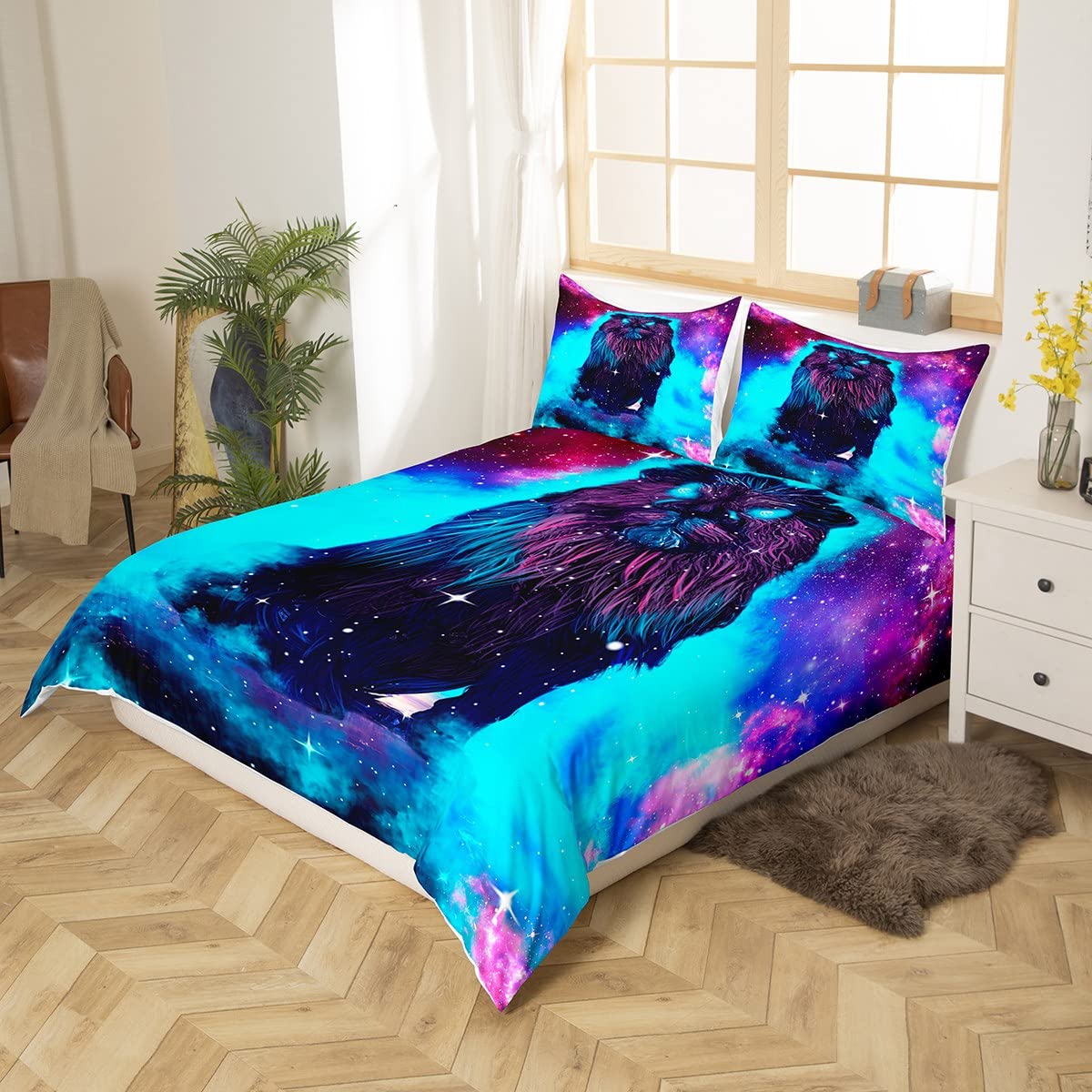 Feelyou 3D Lion Duvet Cover Set Twin Size - Kids Animal Print Bedding with Galaxy Design, Soft Microfiber Comforter Cover & 2 Pillow Shams (Zipper Closure) - Perfect for Children's Room Decor, Birthday Gifts and Cozy Bedtime