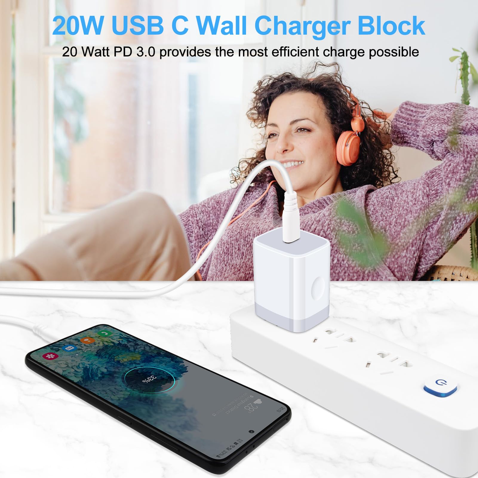 Samsung Fast Charger 25W USB-C Wall Charger Block with 6FT USB C to C Cable - Compatible with Galaxy A16/A15 5G/A35/S24 Ultra/A54/A14/A13/A03s/A53/S23FE/A23/Z Fold6/S21, iPhone 16/15 Pro Max, Pixel 9/8/7/6 - Fast Charging Adapter for Home, Office & Travel