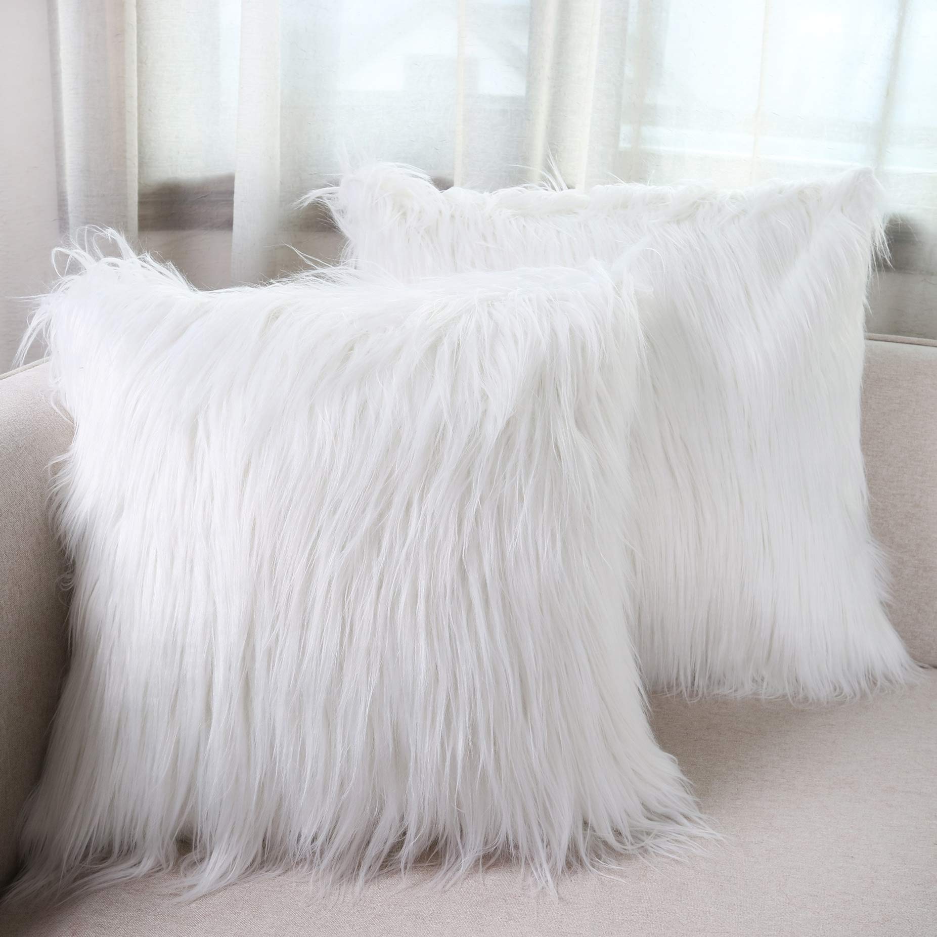 Luxury Faux Fur Throw Pillow Covers 18x18 Inch (45x45cm) - Soft Mongolian Long Fur Square Cushion Covers for Couch, Bed, Sofa - 100% Polyester Home Decor Floor Pillow Cases - Set of 2 Bright White - Perfect for Living Room, Bedroom & Cozy Home Decor