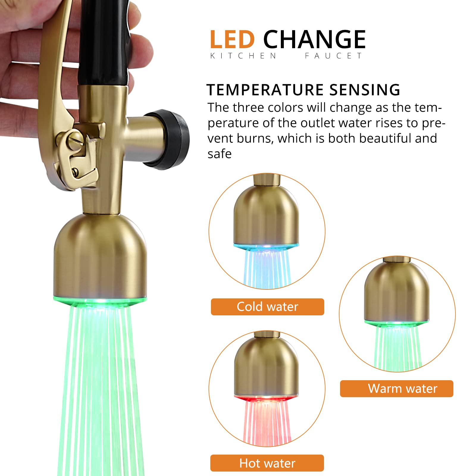 Fapully Single Handle High Arc Brushed Gold Pull Down Kitchen Faucet with LED, Modern Kitchen Sink Faucet with Pull Down Sprayer for Home and Commercial Use