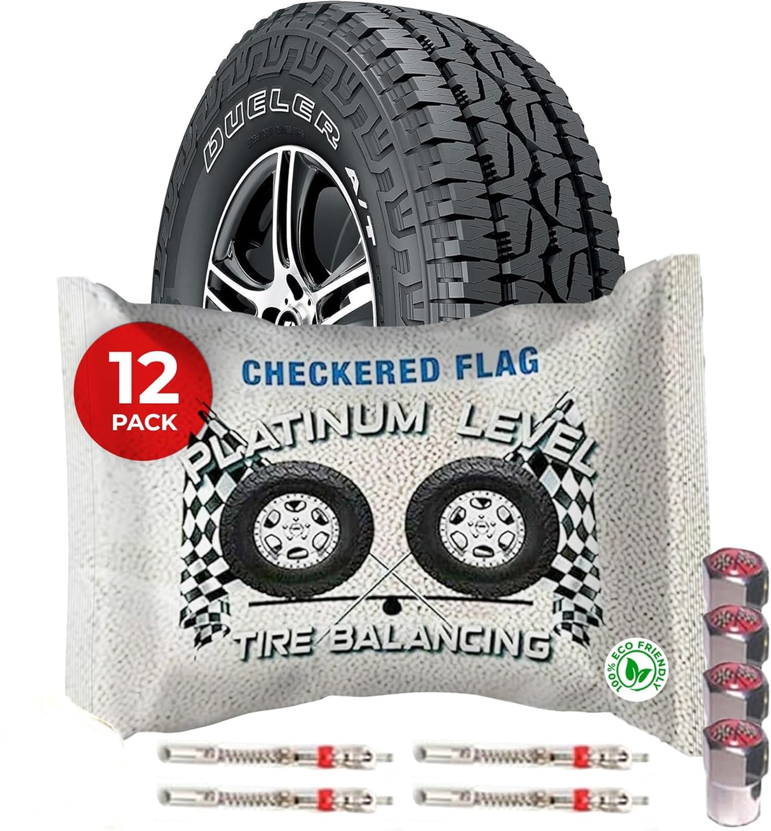 16oz Tire Balancing Beads (12-Pack) - Centrifugal Force Wheel Weights for Semi Trucks, Off-Road Vehicles & Trailers - Includes (12) Valve Cores & Caps (Total 192oz Bulk) - Perfect for Smoother Rides on Highways & Rough Terrains