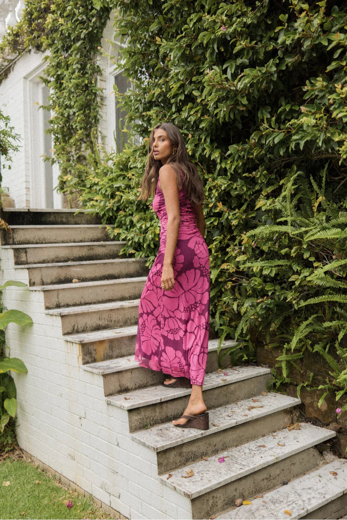 Persephone Berry Floral Mesh Sleeveless Midi Dress for Women - Summer Beach Party, Wedding Guest, Cocktail Dress - Elegant Flowy A-Line Dress with Floral Print