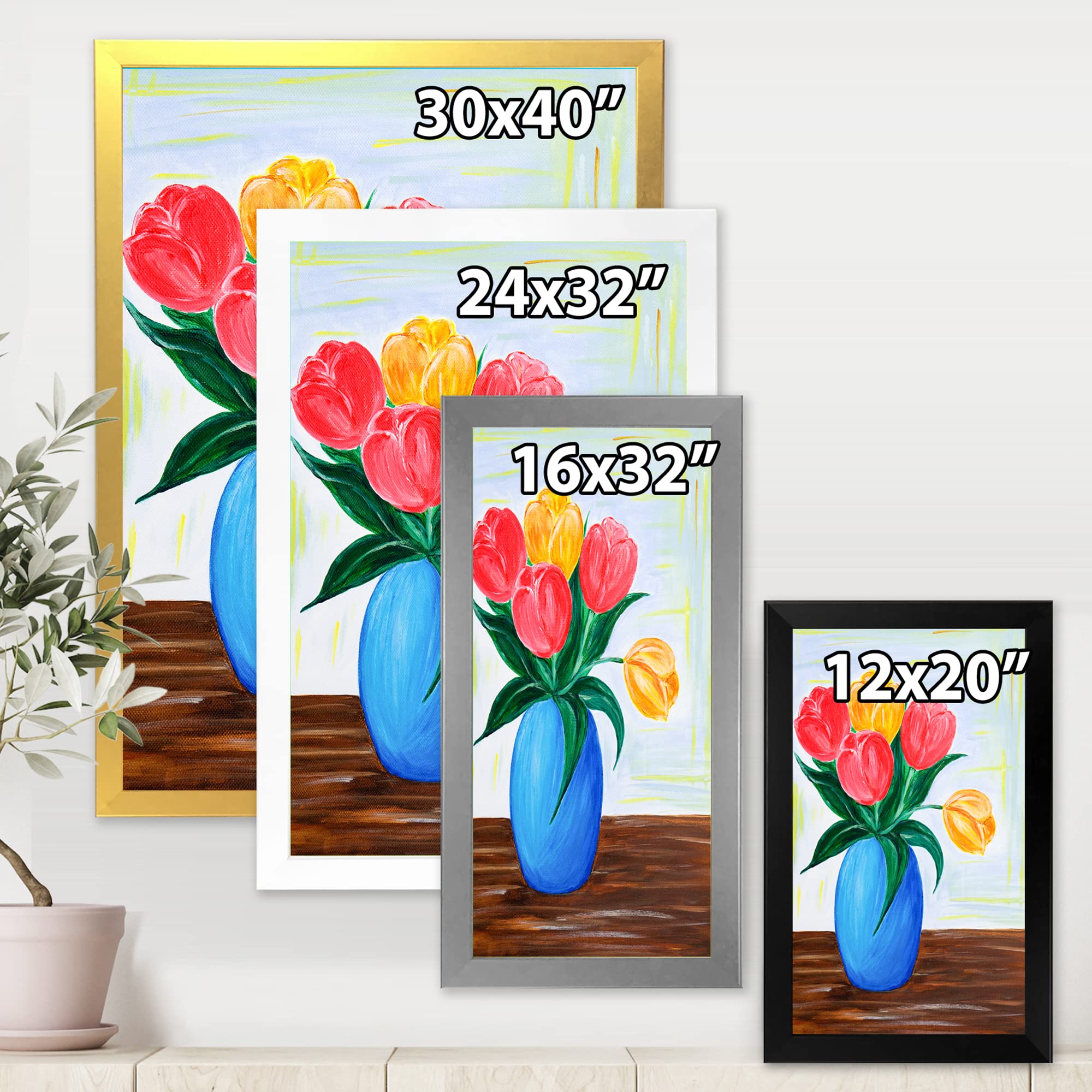Bouquet of Red and Orange Tulips in Vase - Traditional Framed Wall Art Decor for Living Room, Bedroom & Office