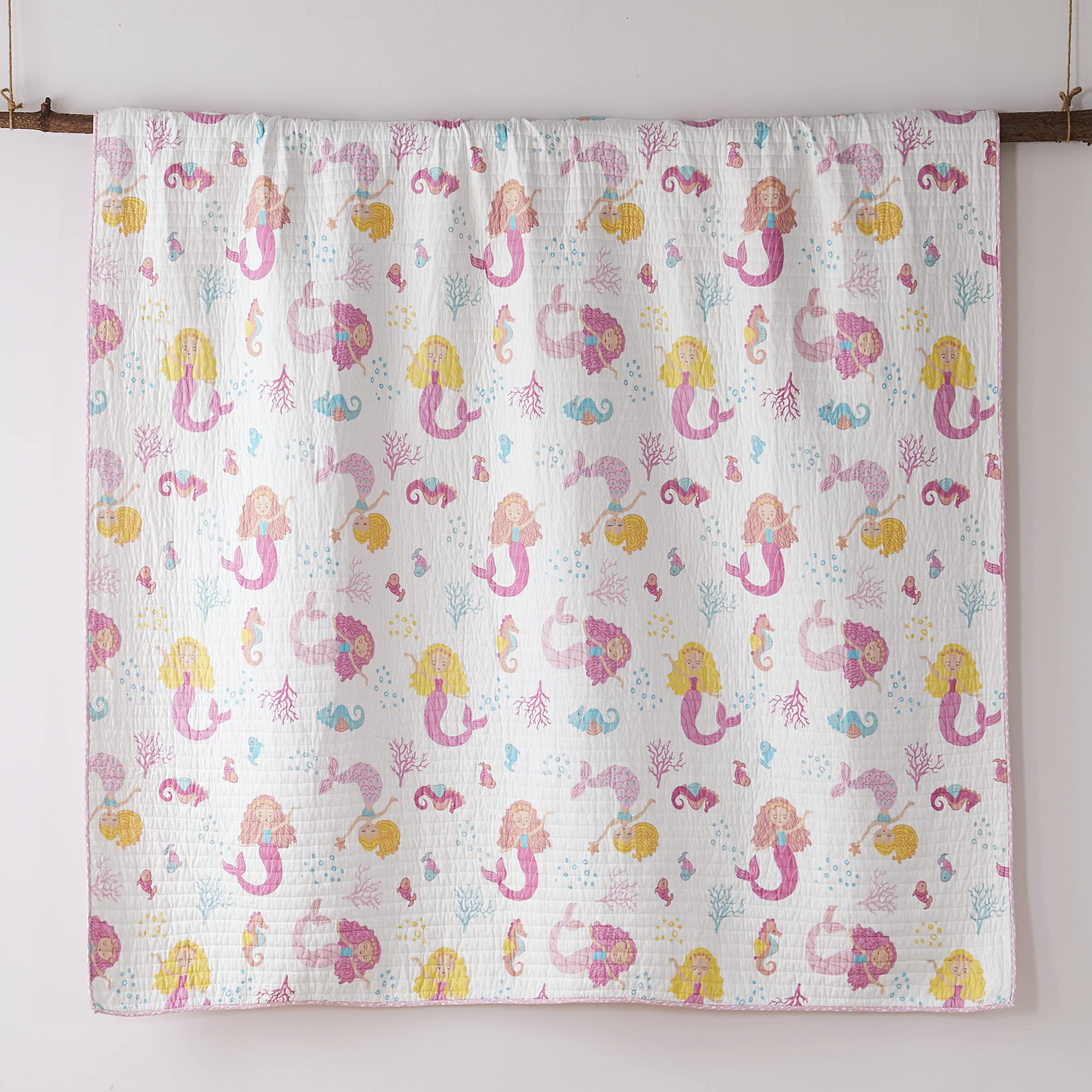 Levtex Home Marina Full/Queen Cotton Quilt Set - Soft Pink & White Mermaid Design | Coastal Bedroom Decor, Beach House Bedding, Girls' Room Essentials