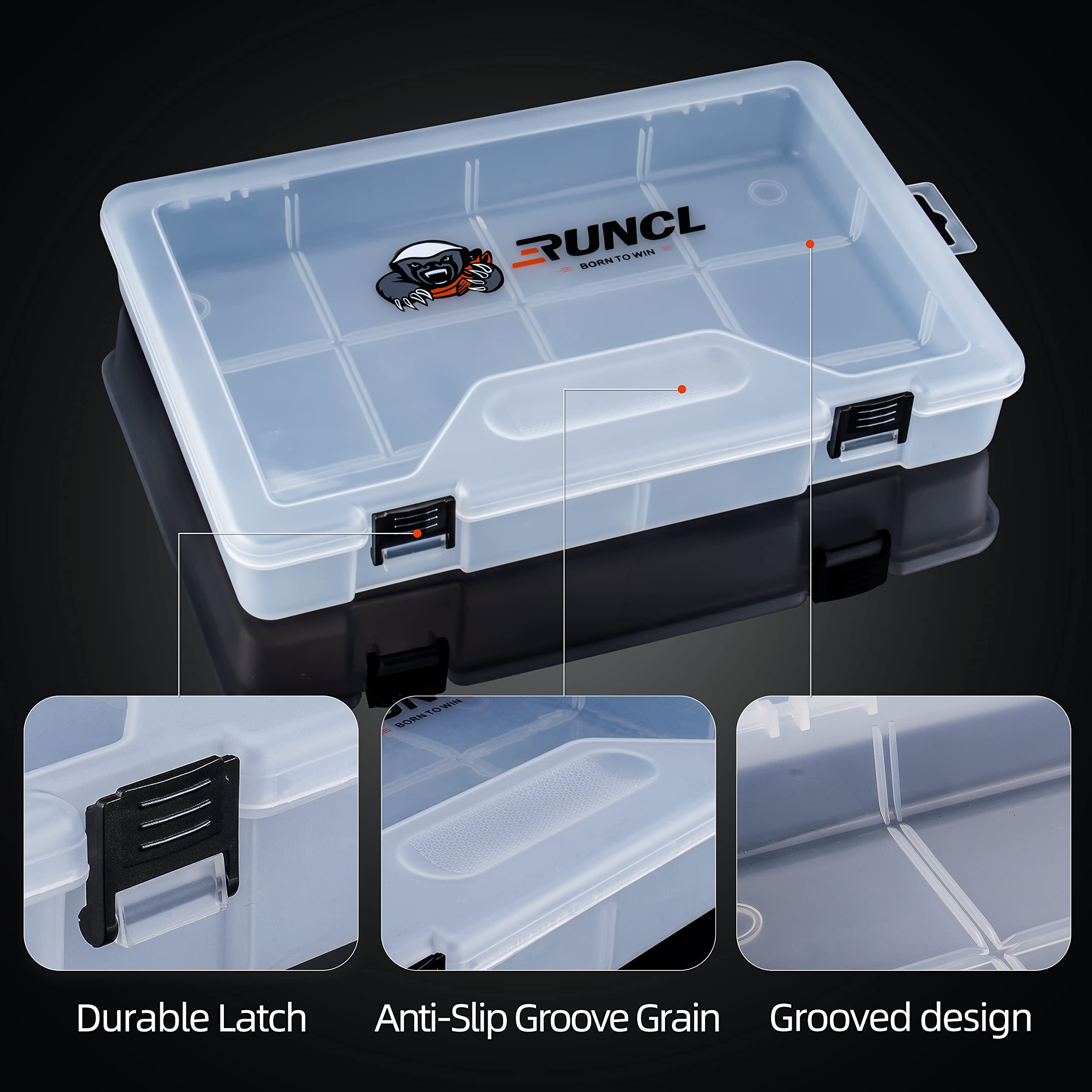 RUNCL Fishing Tackle Box Organizer - Waterproof Plastic Storage Box with Removable Dividers (3500/3600/3700 Size Options) - Clear Lure & Bait Storage Trays - Perfect for Freshwater & Saltwater Fishing Gear Organization
