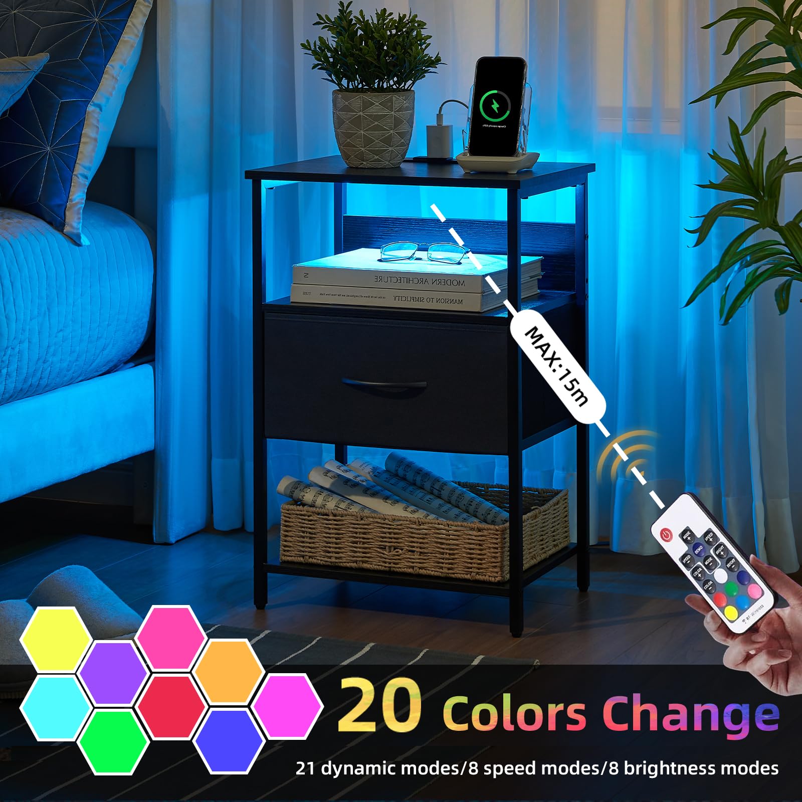 Somdot Black Nightstand with USB Charging Station & LED Light - Modern Bedside Table for Bedroom, Dorm, Guest Room | Kids Nightstand with Storage for Laundry Closet, Entryway & Hallway (Black) - Perfect for Bedside Phone Charging & Bedroom Organization