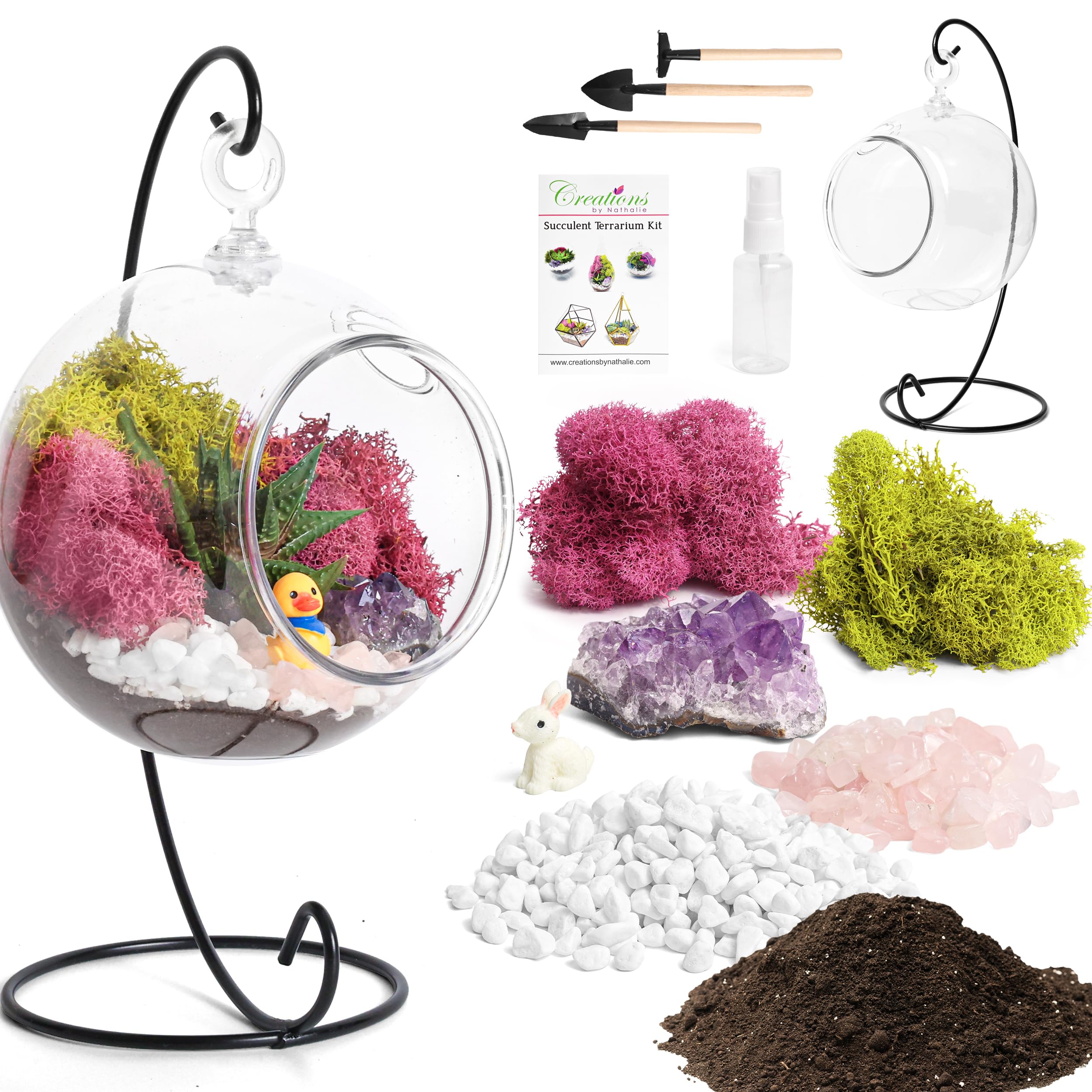 DIY Hanging Acrylic Plant Terrarium Kit with Metal Stand - Includes Reindeer Moss, Crystals, Rocks, Tools & Mini Figurines for Kids - Perfect for Home Decor, Classroom Projects & Creative Gifts
