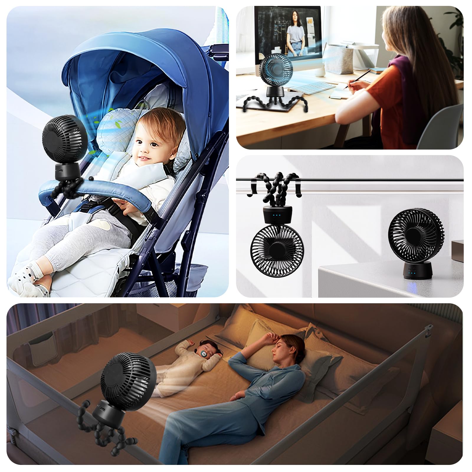 10000mAh Portable Stroller Fan with LED Light & Power Bank - 3-Speed Mini Clip On Fan, Removable Tripod for Travel, Camping, Golf Cart, Bed & Desk Use - Battery Operated Oscillating Fan for Baby Stroller & Outdoor Activities