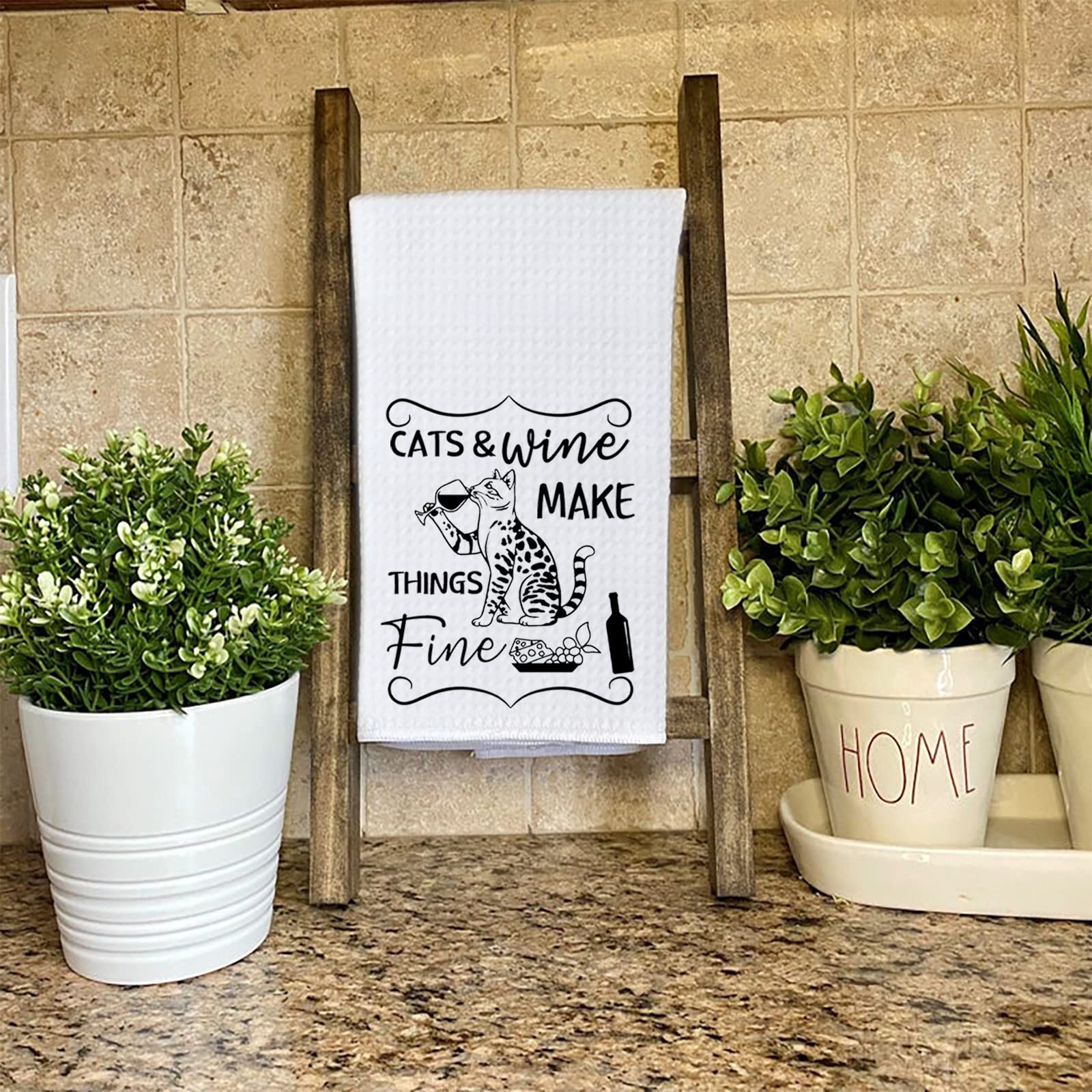 Waffle Weave Kitchen Towel - Cats and Wine Design - Perfect Housewarming Gift for Wine & Cat Lovers | Absorbent & Durable for Kitchen, Dining, and Hosting