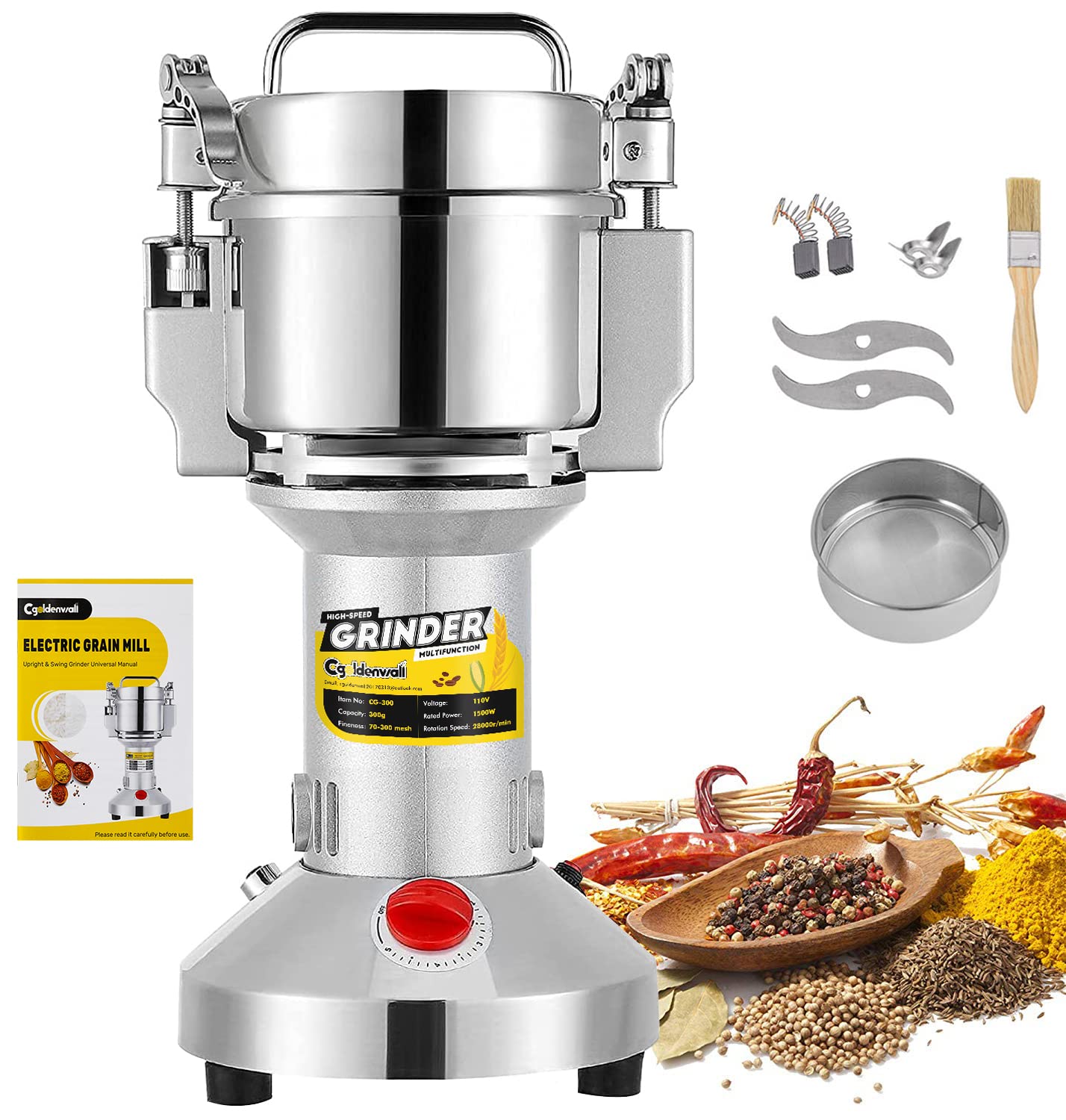 CGOLDENWALL 1500W Commercial Electric Grain Grinder - High-Speed Dry Spice & Herb Mill with Overload Protection, 300g Capacity (110V, CE Certified) - Perfect for Home Kitchens, Coffee Shops & Commercial Use