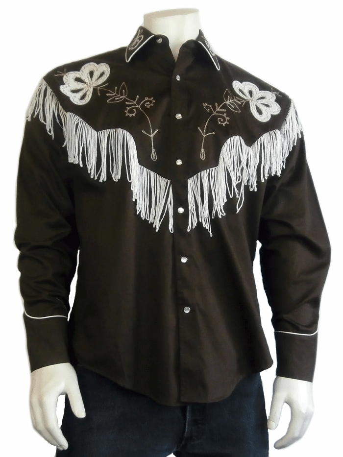 Rockmount 6723 Brown Mens Vintage Fringe Embroidered Western Shirt - Cowboy Style Button Up for Country Music Festivals & Rodeo Events