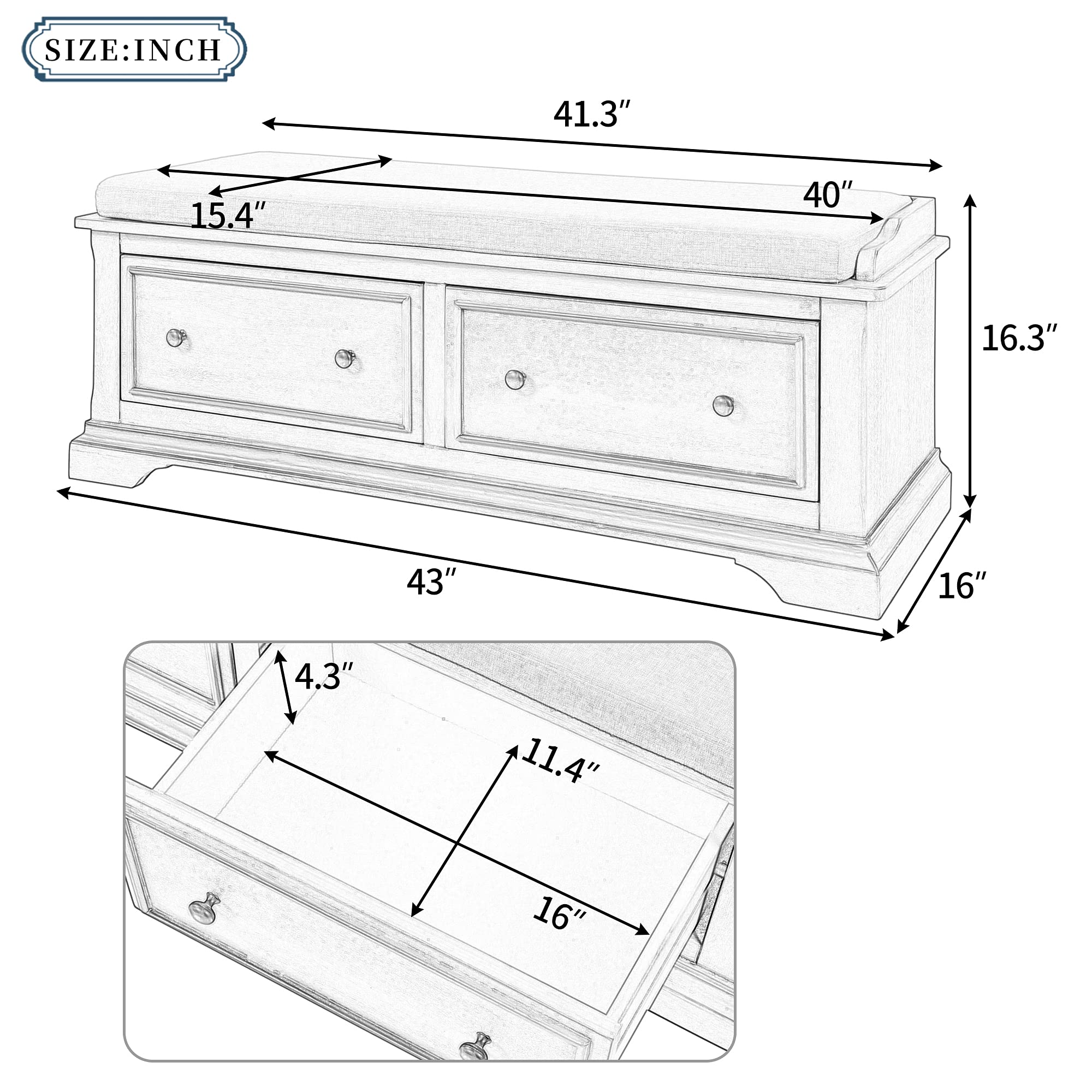 Solid Wood Fully-Assembled Shoe Storage Bench with 2 Large Drawers & Removable Linen Blend Cushion - Entryway Hallway Living Room Furniture (Navy + Wood) - Perfect for Organizing Shoes, Coats & Home Decor in Small Spaces