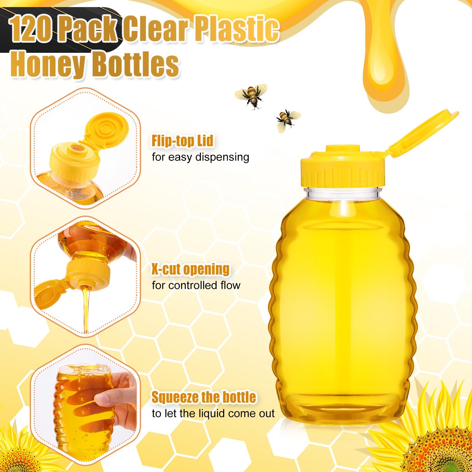 120 Pcs Clear Plastic Honey Bottles 16 Oz with Lids - Empty Squeeze Bear Jars for Easy Honey Storage & Dispensing - Perfect for Home Kitchen, DIY Gifts, Beekeeping & Farmers Market