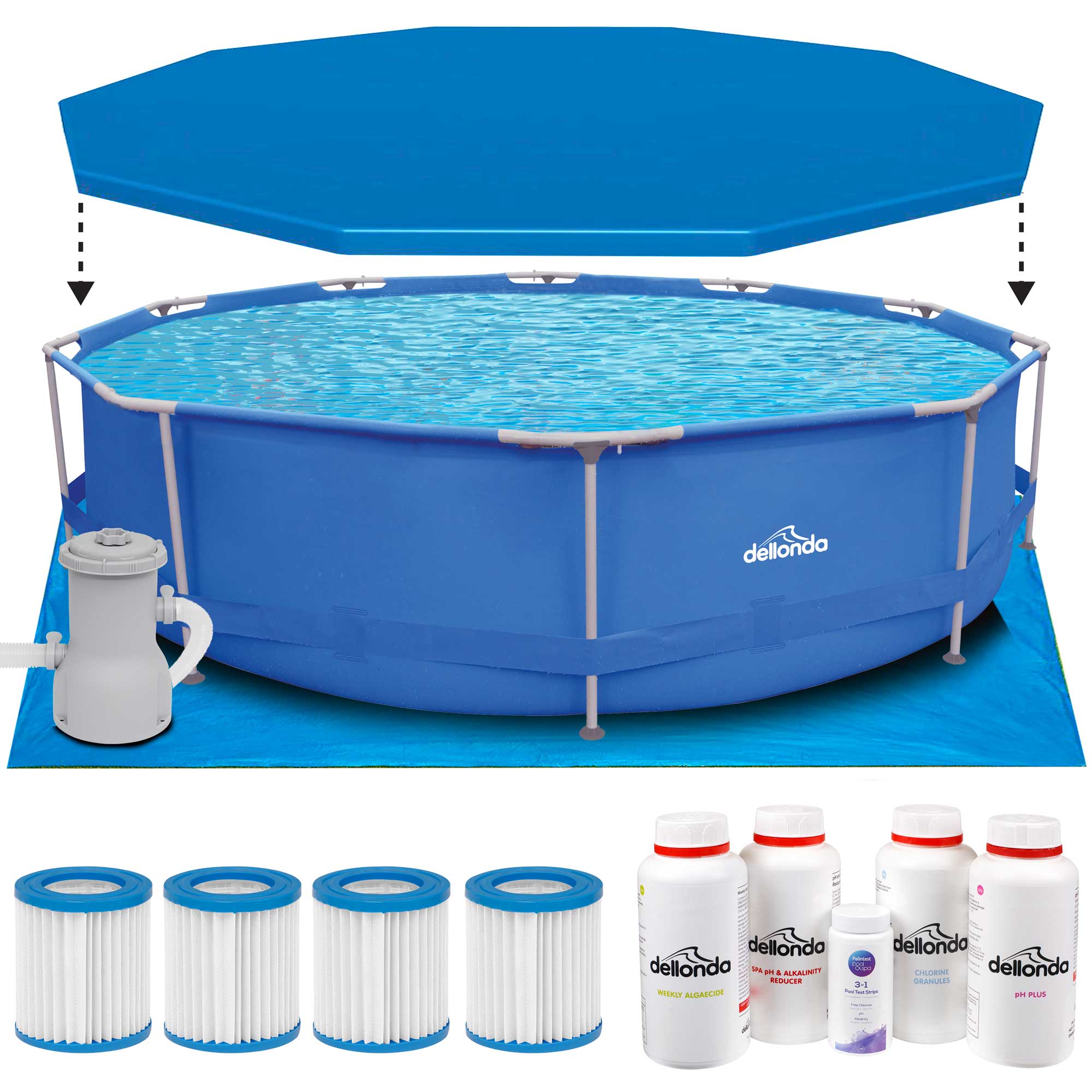 12ft Steel Frame Round Above Ground Swimming Pool with Ladder, Filter Pump & Cover - Durable Blue Outdoor Pool for Backyard, Garden, and Family Fun