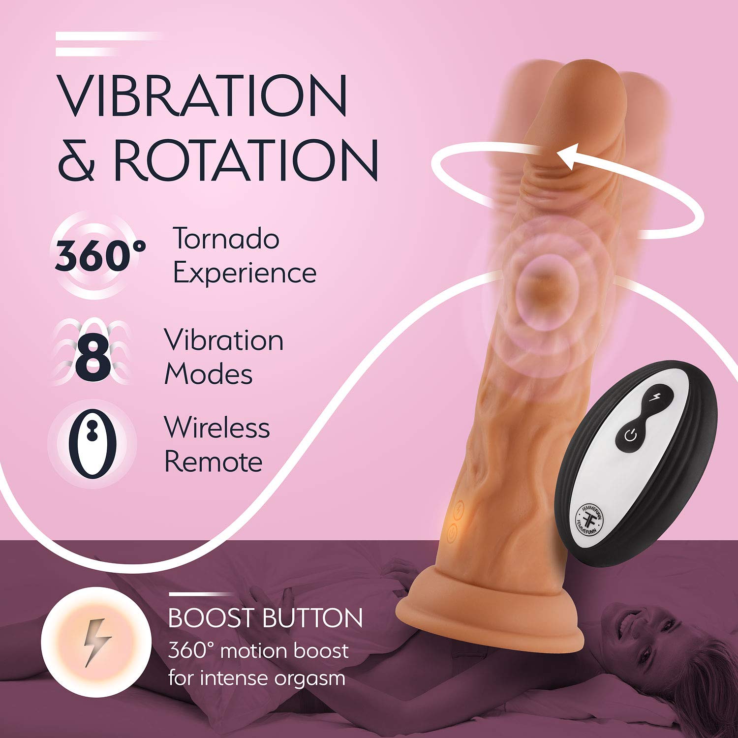 Realistic Rotating Dildo with Suction Cup - 8 Powerful Vibration Modes & Turbo Button, Waterproof Adult Sex Toy for Women & Couples - Remote Control & Harness Compatible - Perfect for Solo Play, Couples Fun & BDSM Exploration (Nude)