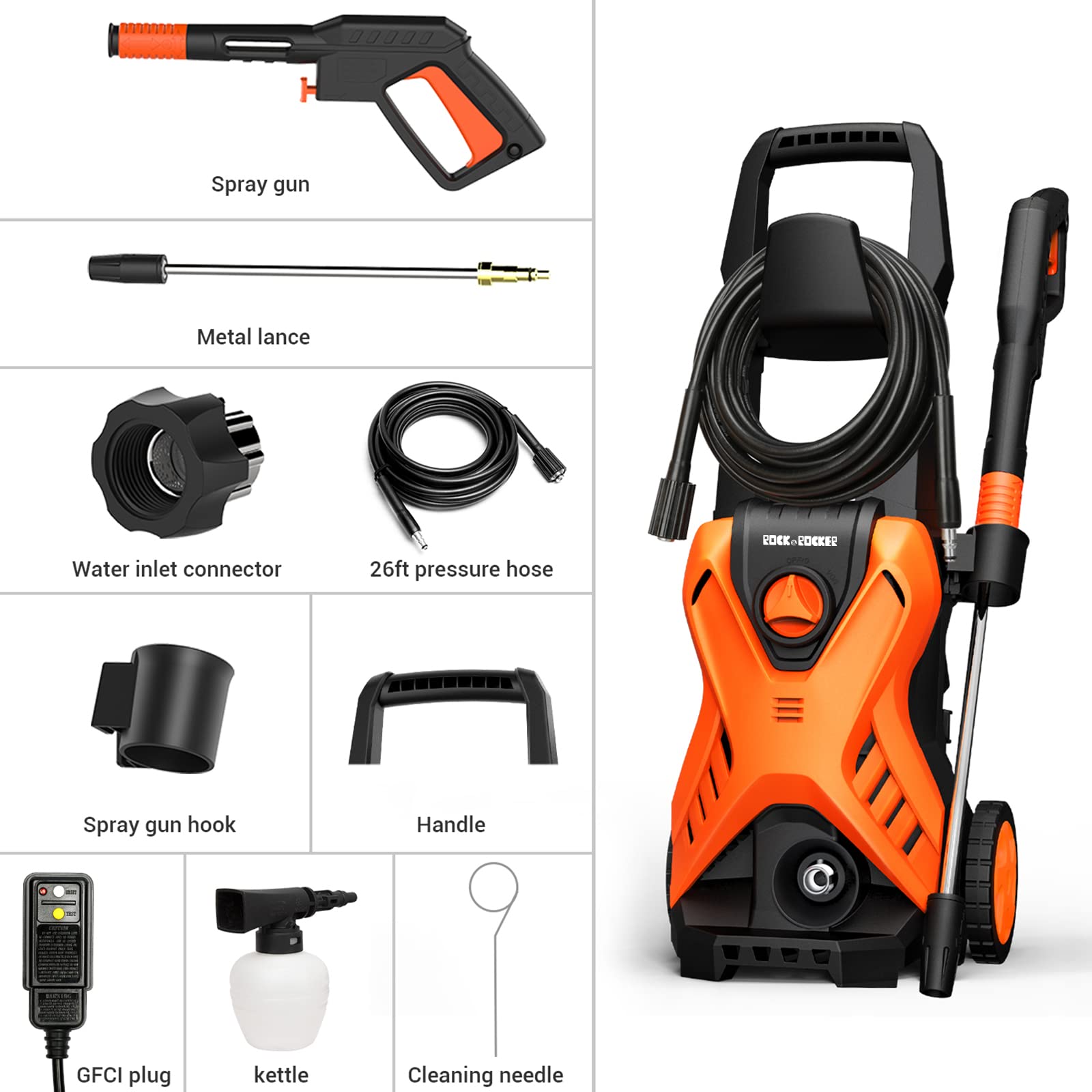 Rock&Rocker 2150PSI Electric Pressure Washer with Adjustable Nozzle & Foam Cannon - Powerful Car, Home, Patio, Deck, Driveway and Concrete Cleaner - Perfect for Washing Vehicles, Outdoor Furniture, Sidewalks and Garage Floors