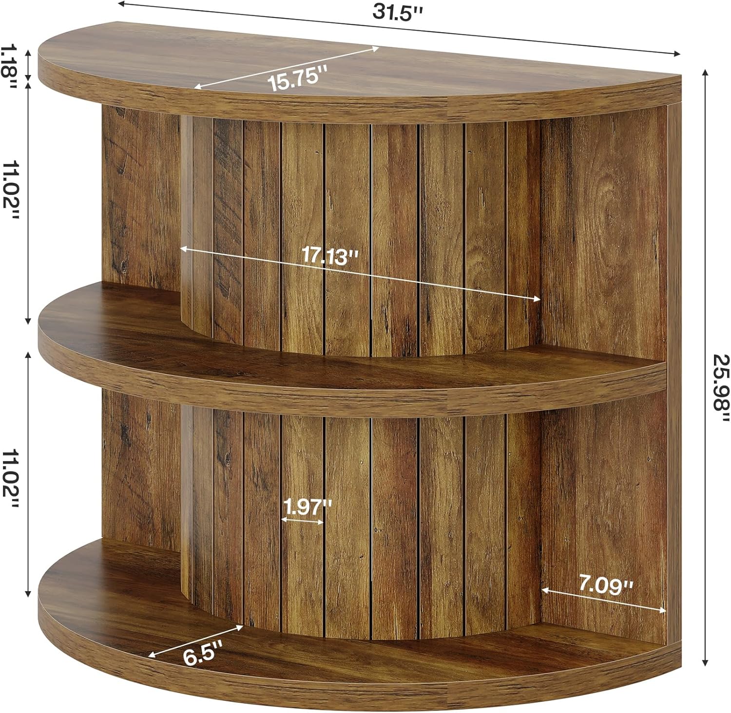 3 Tier End Table with Storage Shelves - Half Round Wooden Side Table for Living Room, Bedroom & Office - Compact Space-Saving Furniture with Stylish Design
