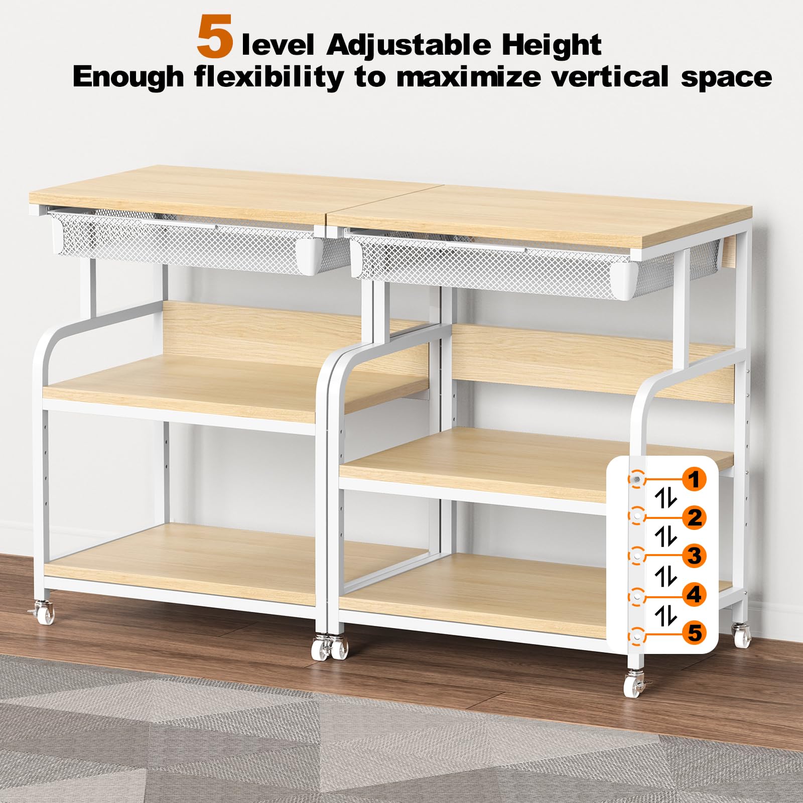 EasyCom 23.6''x18.9'' Extra Large Adjustable Printer Stand with 3 Storage Drawers & Wheels - 5 Height Settings Rolling Printer Cart for Home Office - Perfect for Printer, Scanner & Fax Machine Organization