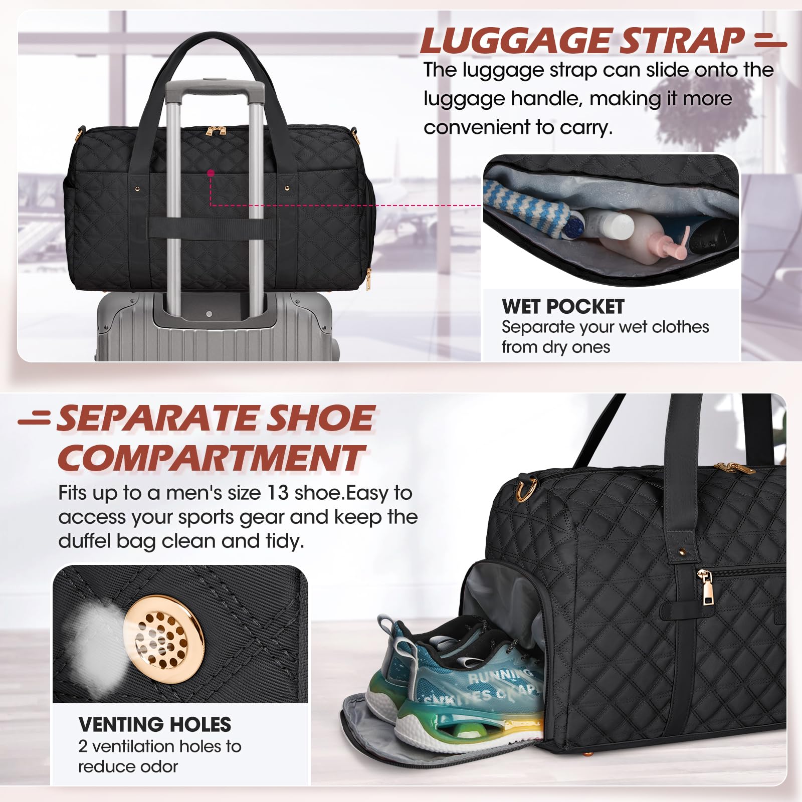 SDYSM Women's Waterproof Gym Bag with Shoe Compartment & Wet Pocket - Duffle Travel Bag for Sports, Yoga, Workout - Perfect for Gym, Travel & Weekend Getaways (Black)