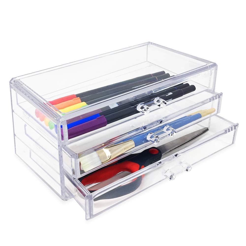 Isaac Jacobs Clear Acrylic 3-Drawer Stackable Jewelry Organizer & Makeup Storage Case - Transparent Cosmetic Organizer for Necklaces, Rings, Earrings - Perfect for Bedroom, Bathroom, Vanity & Dresser Organization
