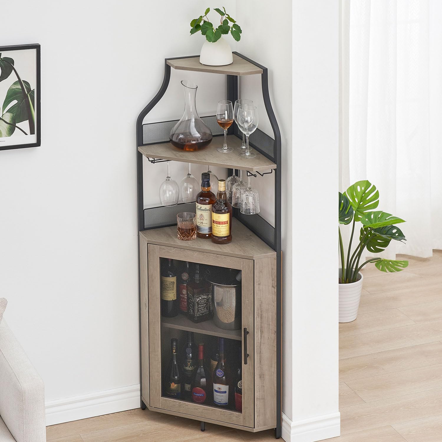 GAOMON 4-Tier Corner Wine Bar Cabinet - Large Storage Space, Removable Wine Rack, Glass Holder & Mesh Door - Grey - Perfect for Home Bar, Kitchen, Dining Room & Entertainment Spaces