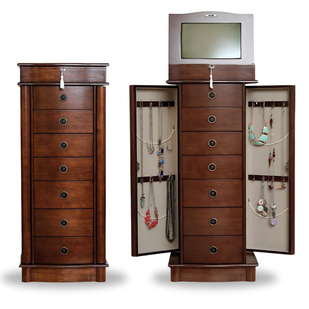 Noelle Walnut Jewelry Armoire with Mirror & 7 Drawers - Secure Jewelry Storage for Necklaces, Earrings & Bracelets - Perfect for Bedroom & Dressing Room