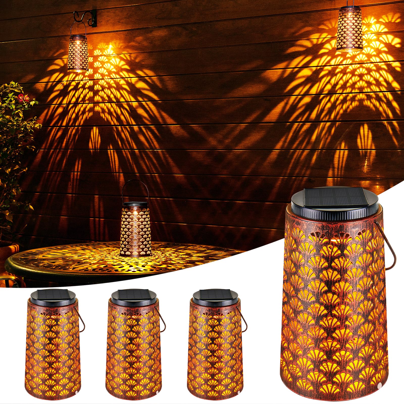 4 Pack Waterproof Solar Hanging Lanterns for Outdoor Garden - Metal Solar Yard Lights with 2 Lighting Modes for Pathway, Backyard & Landscape Decoration | Perfect for Patio, Deck & Evening Ambience