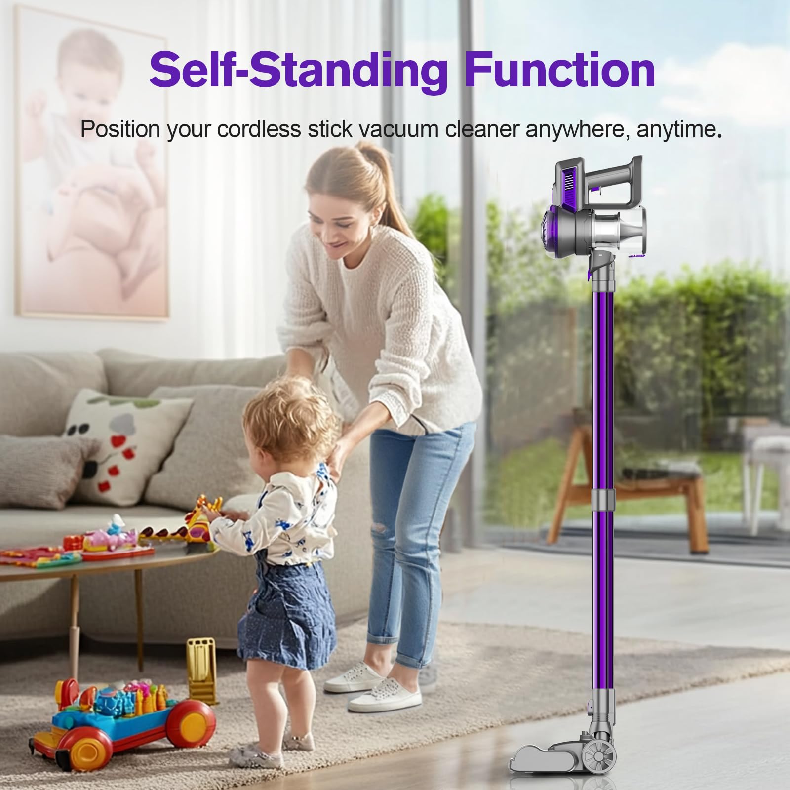 **Powerful Cordless Vacuum Cleaner - 38KPA 400W Rechargeable Stick & Handheld Vacuum for Pet Hair, Hardwood Floors & Home Cleaning - Lightweight, Self-Standing, Purple (S1) - Perfect for Quick Cleanups & Deep Cleaning**