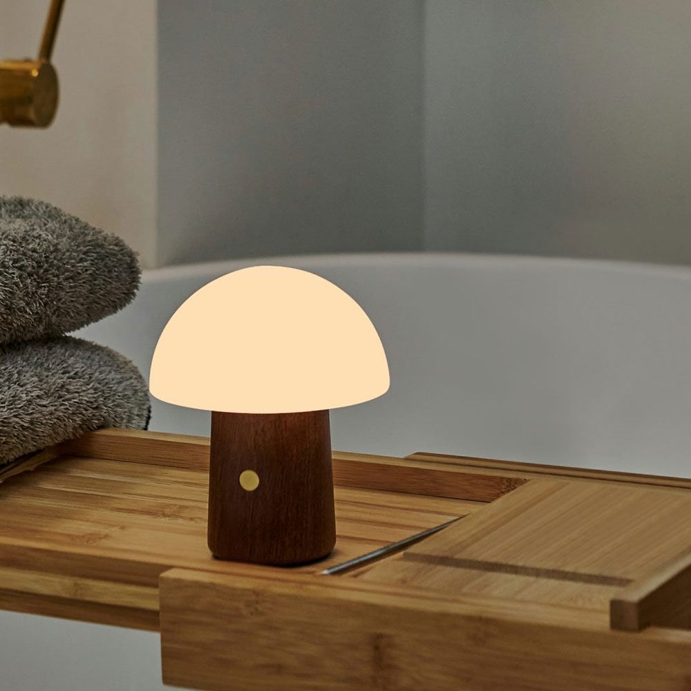 GINGKO Alice Mushroom LED Night Light - Wireless Rechargeable Mini Table Lamp with Walnut Base - Perfect for Bedroom, Nursery, Kids Room & Home Decor